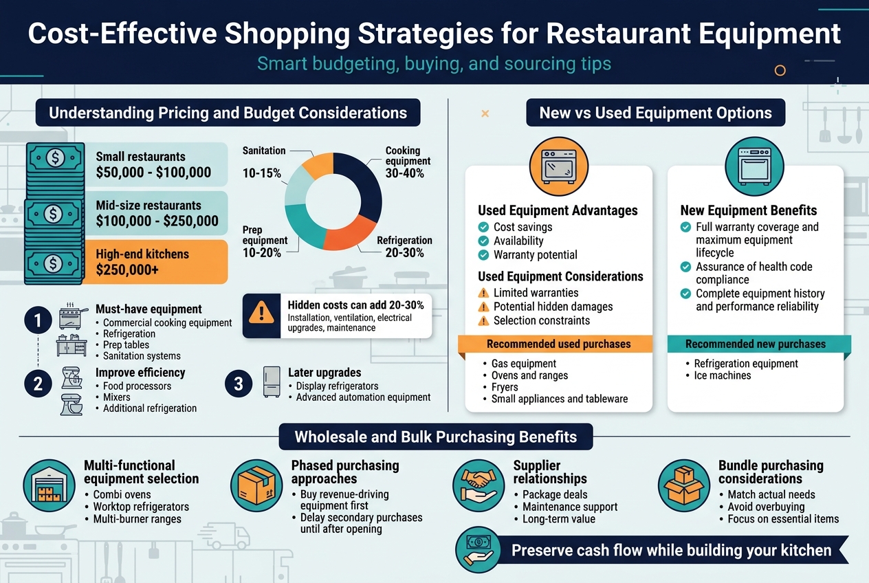 Create a clean professional full-bleed infographic illustration in 3:2 aspect ratio with a modern restaurant industry theme, using navy, teal, orange, white, and light gray. Use bold sans-serif typography, strong visual hierarchy, clear icons, and a wide multi-section layout with no vertical poster frame.
Top header across the full width:
Large bold title in dark navy text: "Cost-Effective Shopping Strategies for Restaurant Equipment"
Subtitle beneath in smaller teal text: "Smart budgeting, buying, and sourcing tips"
Main layout: three horizontal content bands with wide columns and icon-led blocks.
Section 1, upper left to center, titled in a navy banner: "Understanding Pricing and Budget Considerations"
Include a large stack of three cost blocks with dollar icons:
- "Small restaurants" with text "$50,000 - $100,000"
- "Mid-size restaurants" with text "$100,000 - $250,000"
- "High-end kitchens" with text "$250,000+"
To the right, add a donut or stacked bar budget chart labeled:
- "Cooking equipment 30-40%"
- "Refrigeration 20-30%"
- "Prep equipment 10-20%"
- "Sanitation 10-15%"
Below that, show a 3-step tiered checklist with numbered circles and small equipment icons:
1. "Tier 1: Must-have equipment"
"Commercial cooking equipment"
"Refrigeration"
"Prep tables"
"Sanitation systems"
2. "Tier 2: Improve efficiency"
"Food processors"
"Mixers"
"Additional refrigeration"
3. "Tier 3: Later upgrades"
"Display refrigerators"
"Advanced automation equipment"
Add a warning badge with an exclamation icon and text:
"Hidden costs can add 20-30%"
Smaller line beneath:
"Installation, ventilation, electrical upgrades, maintenance"
Section 2, middle band split into two columns.
Left column titled: "New vs Used Equipment Options"
Use a side-by-side comparison card layout with a used equipment icon on the left and a new equipment icon on the right.
Left card heading: "Used Equipment Advantages"
Bullets:
"Cost savings"
"Availability"
"Warranty potential"
Left card subheading: "Used Equipment Considerations"
Bullets:
"Limited warranties"
"Potential hidden damages"
"Selection constraints"
At the bottom of the left card add a small recommended-use strip titled:
"Recommended used purchases"
List:
"Gas equipment"
"Ovens and ranges"
"Fryers"
"Small appliances and tableware"
Right card heading: "New Equipment Benefits"
Bullets:
"Full warranty coverage and maximum equipment lifecycle"
"Assurance of health code compliance"
"Complete equipment history and performance reliability"
At the bottom add:
"Recommended new purchases"
List:
"Refrigeration equipment"
"Ice machines"
Use checkmark icons for benefits and caution icons for considerations.
Section 3, lower wide band titled: "Wholesale and Bulk Purchasing Benefits"
Arrange four horizontal feature blocks with warehouse, package, and delivery icons:
1. "Multi-functional equipment selection"
"Combi ovens"
"Worktop refrigerators"
"Multi-burner ranges"
2. "Phased purchasing approaches"
"Buy revenue-driving equipment first"
"Delay secondary purchases until after opening"
3. "Supplier relationships"
"Package deals"
"Maintenance support"
"Long-term value"
4. "Bundle purchasing considerations"
"Match actual needs"
"Avoid overbuying"
"Focus on essential items"
Add a bottom ribbon with a money-saving arrow icon and bold text:
"Preserve cash flow while building your kitchen"
Background: subtle kitchen equipment silhouettes, faint grid, and minimal abstract shapes. Use clean white content cards with teal accents, orange highlight bars, and navy section headers. Keep text crisp, readable, and well spaced, with icons aligned beside each key point.