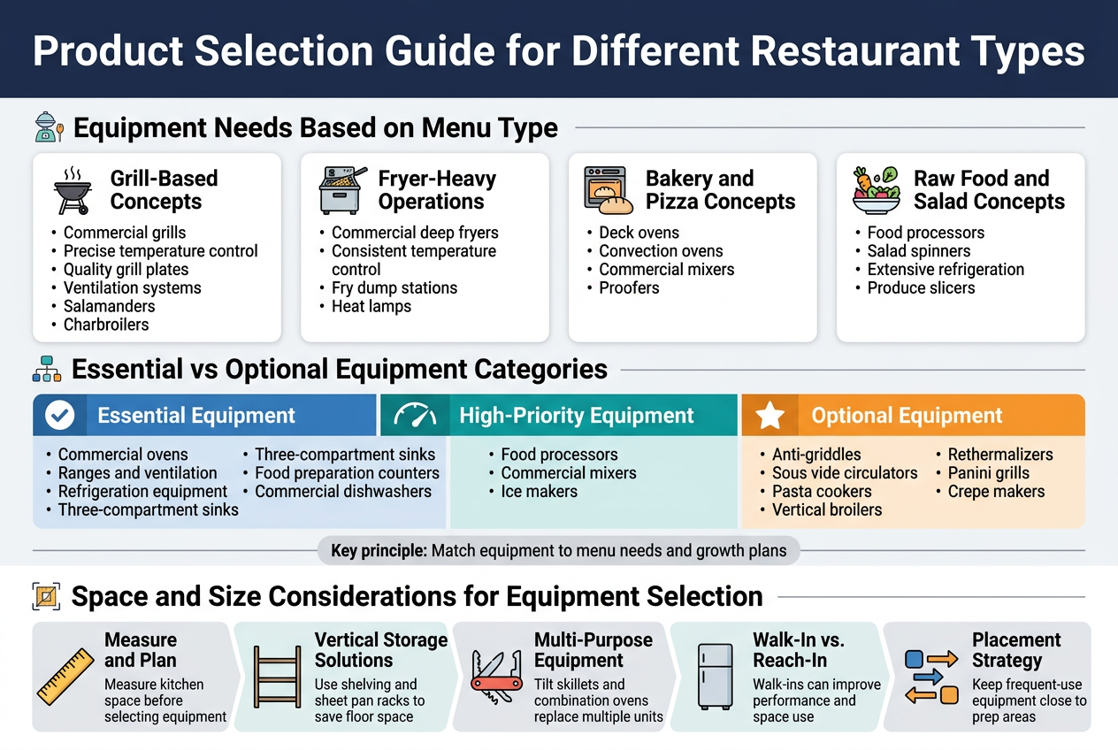 Create a clean professional infographic illustration in a 3:2 aspect ratio, full-bleed layout with no frame and no inset margins, using a wide multi-column design. Use a modern sans-serif font, bold headings, dark charcoal text, and a palette of navy blue, teal, orange, and light gray with subtle accent icons.
Top banner across the full width with a bold title in large text: "Product Selection Guide for Different Restaurant Types"
Below the title, arrange the content in three wide horizontal sections with clear visual hierarchy and icon markers.
SECTION 1: "Equipment Needs Based on Menu Type"
Place four equal-width cards across the upper-middle area, each with a colored icon and short bullet list:
1) Left card: grill icon, heading "Grill-Based Concepts" with text bullets:
- "Commercial grills"
- "Precise temperature control"
- "Quality grill plates"
- "Ventilation systems"
- "Salamanders"
- "Charbroilers"
2) Second card: fryer icon, heading "Fryer-Heavy Operations" with text bullets:
- "Commercial deep fryers"
- "Consistent temperature control"
- "Fry dump stations"
- "Heat lamps"
3) Third card: oven and dough icon, heading "Bakery and Pizza Concepts" with text bullets:
- "Deck ovens"
- "Convection ovens"
- "Commercial mixers"
- "Proofers"
4) Right card: produce and salad icon, heading "Raw Food and Salad Concepts" with text bullets:
- "Food processors"
- "Salad spinners"
- "Extensive refrigeration"
- "Produce slicers"
SECTION 2: "Essential vs Optional Equipment Categories"
Place a wide three-column comparison band across the middle-lower area with color-coded blocks:
Left block in blue with a checkmark icon and heading "Essential Equipment"
Include short bullets:
- "Commercial ovens"
- "Ranges and ventilation"
- "Refrigeration equipment"
- "Three-compartment sinks"
- "Food preparation counters"
- "Commercial dishwashers"
Center block in teal with a speedometer icon and heading "High-Priority Equipment"
Include short bullets:
- "Food processors"
- "Commercial mixers"
- "Ice makers"
Right block in orange with a star icon and heading "Optional Equipment"
Include short bullets:
- "Anti-griddles"
- "Sous vide circulators"
- "Pasta cookers"
- "Vertical broilers"
- "Rethermalizers"
- "Panini grills"
- "Crepe makers"
Add a small horizontal note bar beneath the three blocks with bold text:
"Key principle: Match equipment to menu needs and growth plans"
SECTION 3: "Space and Size Considerations for Equipment Selection"
Place a bottom section with five compact illustrated tiles flowing left to right, each with a simple icon and concise text:
1) Ruler icon with heading "Measure and Plan"
Text: "Measure kitchen space before selecting equipment"
2) Shelf icon with heading "Vertical Storage Solutions"
Text: "Use shelving and sheet pan racks to save floor space"
3) Multi-tool icon with heading "Multi-Purpose Equipment"
Text: "Tilt skillets and combination ovens replace multiple units"
4) Refrigerator icon with heading "Walk-In vs. Reach-In"
Text: "Walk-ins can improve performance and space use"
5) Workflow arrows icon with heading "Placement Strategy"
Text: "Keep frequent-use equipment close to prep areas"
Use subtle divider lines between sections, balanced spacing, and clear alignment. Add small supporting icons near each heading. Keep the layout airy, structured, and easy to scan, with no extra text beyond the listed headings, bullets, and note.