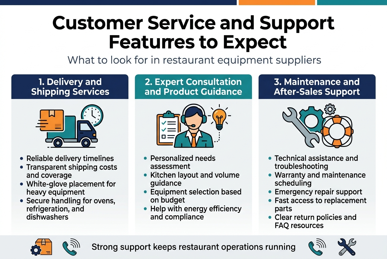 Create a clean professional infographic illustration in a 3:2 aspect ratio, full-bleed layout with no frame or inset margins. Use a modern commercial design style with white background, navy blue, teal, and orange accents, crisp sans-serif fonts, and strong visual hierarchy.
Top header across the full width:
Large bold title text: "Customer Service and Support Features to Expect"
Small subtitle beneath it in lighter text: "What to look for in restaurant equipment suppliers"
Below the title, arrange three wide horizontal content blocks in a 3-column layout across the page, each with a colored header bar, a large icon, and short bullet points.
Left block:
Header text: "1. Delivery and Shipping Services"
Icon: a delivery truck with a package and a clock
Bullets:
"Reliable delivery timelines"
"Transparent shipping costs and coverage"
"White-glove placement for heavy equipment"
"Secure handling for ovens, refrigeration, and dishwashers"
Center block:
Header text: "2. Expert Consultation and Product Guidance"
Icon: a headset support agent with a clipboard and a lightbulb
Bullets:
"Personalized needs assessment"
"Kitchen layout and volume guidance"
"Equipment selection based on budget"
"Help with energy efficiency and compliance"
Right block:
Header text: "3. Maintenance and After-Sales Support"
Icon: a wrench, gear, and lifebuoy
Bullets:
"Technical assistance and troubleshooting"
"Warranty and maintenance scheduling"
"Emergency repair support"
"Fast access to replacement parts"
"Clear return policies and FAQ resources"
Add a thin bottom strip spanning the full width with small supporting icons for parts inventory, phone support, and repair service, plus centered text:
"Strong support keeps restaurant operations running"
Use clean spacing, sharp alignment, subtle shadows, and easy-to-read typography. Include clear section numbering, bold headings, and concise bullet text only.
