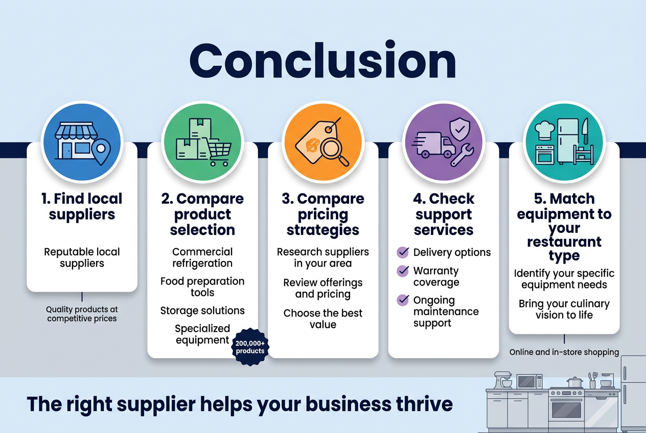 Create a clean professional infographic illustration in a 3:2 aspect ratio, full-bleed background, wide horizontal layout, no poster frame, no inset margins.
Top center: bold large heading in dark navy text, "Conclusion".
Below the heading, create a wide 5-section horizontal layout with clear visual hierarchy, using rounded rectangular blocks with subtle shadows, white cards on a light blue and soft gray background, and thin navy dividers. Use modern sans-serif fonts, strong contrast, and a polished business style.
Section 1 on the left: a blue circular icon with a storefront and location pin. Title text: "1. Find local suppliers". Supporting text: "Reputable local suppliers". Include small text beneath: "Quality products at competitive prices".
Section 2: a green circular icon with stacked product boxes and a shopping cart. Title text: "2. Compare product selection". Supporting text: "Commercial refrigeration" "Food preparation tools" "Storage solutions" "Specialized equipment". Add a small badge: "200,000+ products".
Section 3: an orange circular icon with a price tag and magnifying glass. Title text: "3. Compare pricing strategies". Supporting text: "Research suppliers in your area" "Review offerings and pricing" "Choose the best value".
Section 4: a purple circular icon with a delivery truck, shield, and wrench. Title text: "4. Check support services". Supporting text: "Delivery options" "Warranty coverage" "Ongoing maintenance support". Add small checkmarks beside each line.
Section 5 on the right: a teal circular icon with a chef hat, fridge, knife, and shelving. Title text: "5. Match equipment to your restaurant type". Supporting text: "Identify your specific equipment needs" "Bring your culinary vision to life". Include a small line of text near the bottom: "Online and in-store shopping".
Add a bottom-wide concluding banner across the full width with a bold navy callout: "The right supplier helps your business thrive". Place a subtle illustration of a restaurant kitchen counter with equipment along the bottom edge.
Use clean vector style, crisp edges, balanced spacing, and a bright professional color palette with navy, blue, green, orange, purple, teal, white, and light gray. Keep all text fully legible and aligned.