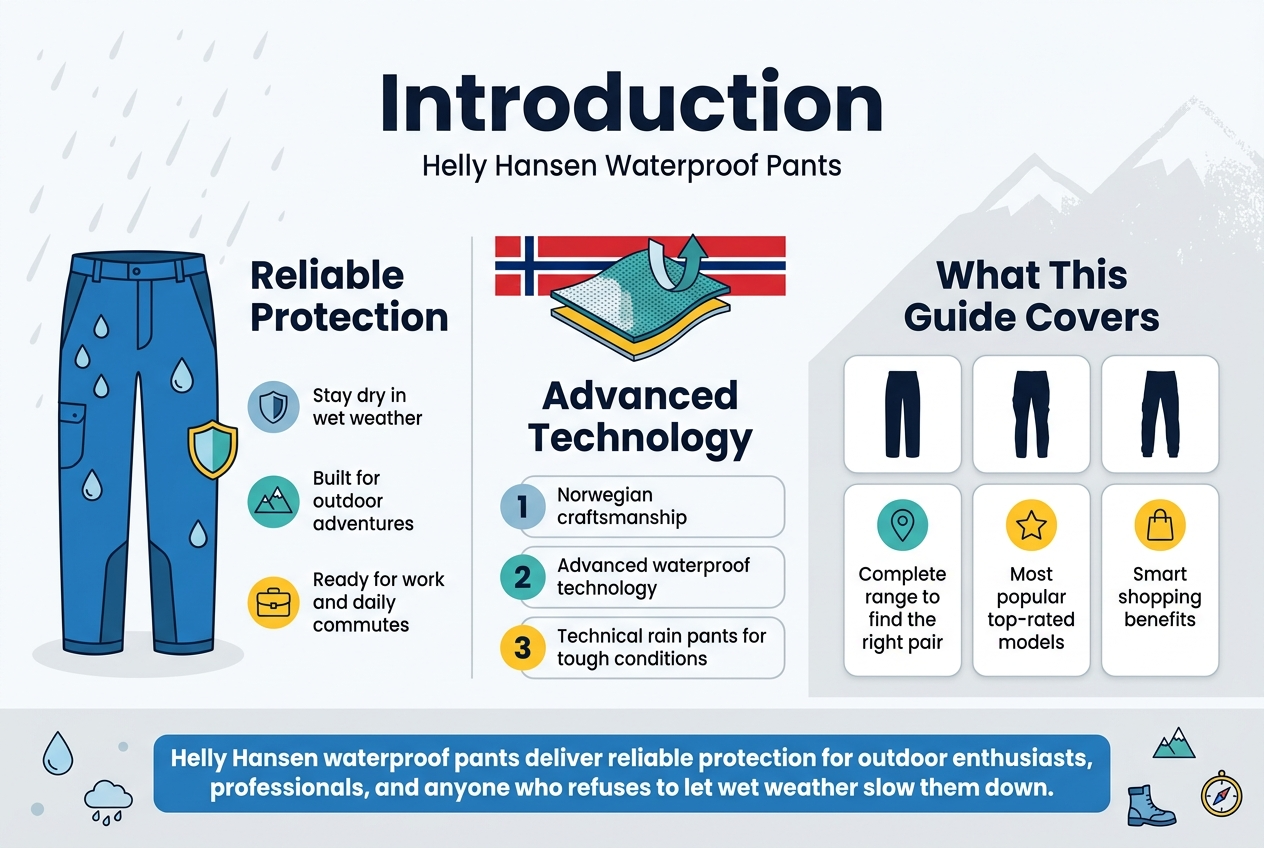 3:2 full-bleed infographic, clean professional outdoor apparel style, no frame, no inset margins, wide horizontal layout with 3 main content blocks across the page. Bold top heading centered near the top: "Introduction". Under the heading, a short subtitle in smaller text: "Helly Hansen Waterproof Pants". Use a modern sans-serif font, dark navy text on a white and light-gray background with accents of blue, teal, and yellow. Add subtle rain and mountain texture shapes in the background.
Left block: a large blue waterproof pants illustration with raindrops and a shield icon, title text: "Reliable Protection" with three short bullet points beside it, each with a small icon:
- shield icon + "Stay dry in wet weather"
- mountain icon + "Built for outdoor adventures"
- briefcase icon + "Ready for work and daily commutes"
Center block: a Norwegian flag-inspired accent stripe above a technical fabric illustration, title text: "Advanced Technology" with three numbered points in stacked rounded boxes:
1. "Norwegian craftsmanship"
2. "Advanced waterproof technology"
3. "Technical rain pants for tough conditions"
Right block: a product range grid with three small pant silhouettes in separate cards, title text: "What This Guide Covers" with three labeled cards and icons:
- map pin icon + "Complete range to find the right pair"
- star icon + "Most popular top-rated models"
- shopping bag icon + "Smart shopping benefits"
Bottom horizontal band across the full width with a bold callout banner in blue: "Helly Hansen waterproof pants deliver reliable protection for outdoor enthusiasts, professionals, and anyone who refuses to let wet weather slow them down." Include small weather icons scattered lightly: raindrop, cloud, boot, compass. Keep text crisp, legible, well-spaced, and visually balanced in a modern infographic layout.