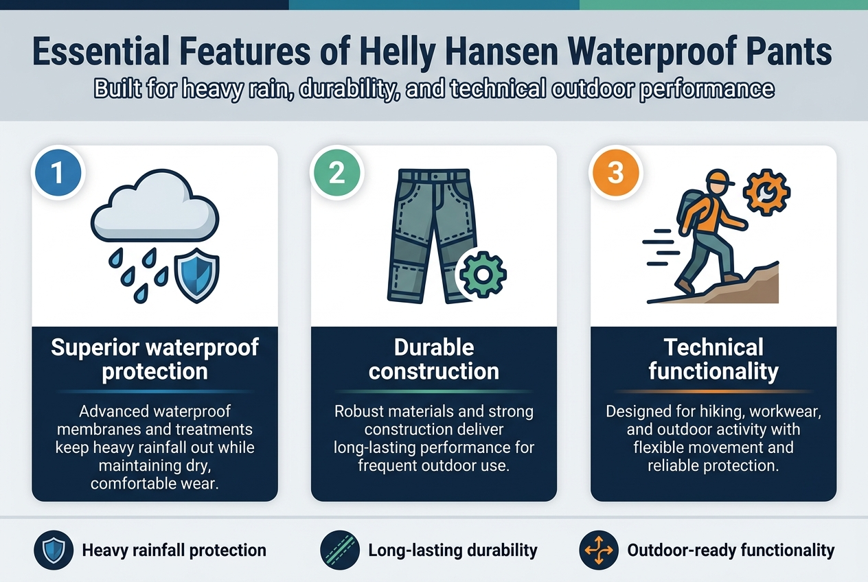 Create a clean professional infographic illustration in a full-bleed 3:2 landscape layout with no border frame. Use a modern outdoor-brand style, with a deep navy, teal, white, and light gray color palette, bold sans-serif fonts, and clear visual hierarchy.
Top header across the full width:
- Large bold title text: "Essential Features of Helly Hansen Waterproof Pants"
- Subtitle beneath in smaller text: "Built for heavy rain, durability, and technical outdoor performance"
Main content arranged in three wide horizontal sections or three side-by-side panels across the center, each with a numbered circle, a large icon, a bold section heading, and a short paragraph.
Left panel:
- Blue numbered circle with "1"
- Icon: rain cloud with falling raindrops and a waterproof shield
- Heading text: "Superior waterproof protection"
- Body text: "Advanced waterproof membranes and treatments keep heavy rainfall out while maintaining dry, comfortable wear."
Center panel:
- Green numbered circle with "2"
- Icon: rugged stitched pants with reinforced seams and a gear symbol
- Heading text: "Durable construction"
- Body text: "Robust materials and strong construction deliver long-lasting performance for frequent outdoor use."
Right panel:
- Orange numbered circle with "3"
- Icon: hiker or worker moving on a trail with motion lines and a function gear icon
- Heading text: "Technical functionality"
- Body text: "Designed for hiking, workwear, and outdoor activity with flexible movement and reliable protection."
Add a thin bottom strip spanning the width with three small feature badges and labels:
- Shield icon with text: "Heavy rainfall protection"
- Reinforced seam icon with text: "Long-lasting durability"
- Movement arrows icon with text: "Outdoor-ready functionality"
Use crisp white text on dark navy blocks, subtle gradients, clean dividers, and simple flat vector icons. Keep spacing balanced, with the headline at top, three main feature blocks in the center, and supporting badges along the bottom.