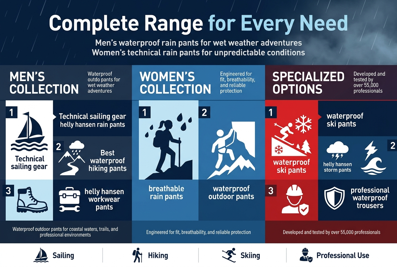 Create a full-bleed professional infographic illustration in 3:2 aspect ratio, wide horizontal layout, clean modern design, Helly Hansen-inspired outdoor color palette of navy blue, icy blue, white, and red accents, bold sans-serif typography, crisp vector style, subtle weather textures, no poster frame, no inset margins.
Top center: large bold heading in white and icy blue text, "Complete Range for Every Need". Directly below, smaller subtitle in white: "Men's waterproof rain pants for wet weather adventures" and "Women's technical rain pants for unpredictable conditions".
Main layout: three wide horizontal sections across the page with clear visual separation, each section containing a left-aligned title, a short body text block, and large activity icons.
LEFT SECTION titled "MEN'S COLLECTION" with a dark navy panel and three icon blocks:
1. A sailing boat and waves icon with text: "Technical sailing gear" and "helly hansen rain pants"
2. A mountain trail and rain cloud icon with text: "Best waterproof hiking pants"
3. A work boot and toolbox icon with text: "helly hansen workwear pants"
Add a small footer line in this section: "Waterproof outdoor pants for coastal waters, trails, and professional environments"
CENTER SECTION titled "WOMEN'S COLLECTION" with a blue panel and two icon blocks:
1. A female hiker silhouette with raindrops icon and text: "breathable rain pants"
2. A climber and alpine snow icon with text: "waterproof outdoor pants"
Add a small footer line: "Engineered for fit, breathability, and reliable protection"
RIGHT SECTION titled "SPECIALIZED OPTIONS" with a red and navy split panel and three icon blocks:
1. A ski slope and snowflake icon with text: "waterproof ski pants"
2. A storm cloud and ocean wave icon with text: "helly hansen storm pants"
3. A professional industry helmet and shield icon with text: "professional waterproof trousers"
Add a small footer line: "Developed and tested by over 55,000 professionals"
Bottom band across the full width: a clean comparison strip with four small icons and labels spaced evenly:
"Sailing" "Hiking" "Skiing" "Professional Use"
Use strong visual hierarchy, bold section headers, high contrast white text on dark backgrounds, clear numbered markers 1, 2, 3 beside each icon block, polished editorial infographic style, balanced spacing, wide horizontal flow, and sharp readable text.