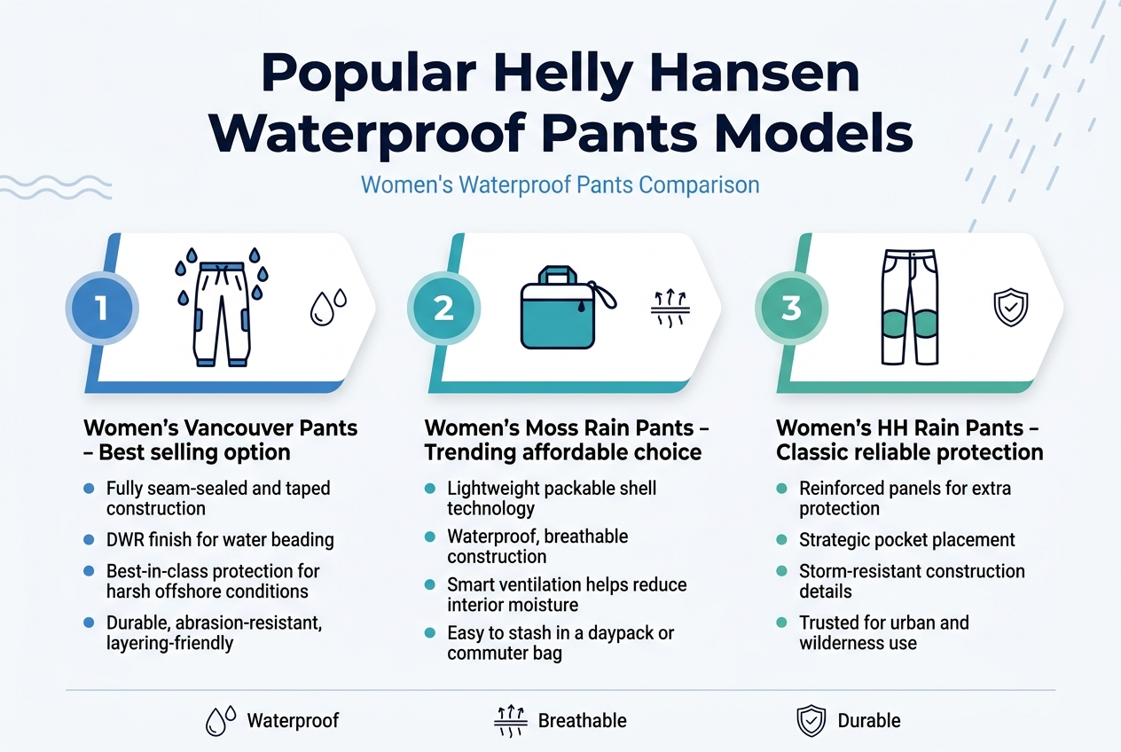 Create a clean, professional infographic illustration in a 3:2 aspect ratio, full-bleed layout with no frame or inset margins, using a wide horizontal composition with three equal sections across the center.
Top header area: bold large title in dark navy text, centered:
"Popular Helly Hansen Waterproof Pants Models"
Directly under the title, a small subtitle in lighter blue:
"Women's Waterproof Pants Comparison"
Main body: three wide horizontal feature blocks arranged left to right, each with a colored number badge, a simple product icon, a product name in bold, and short bullet highlights. Use a modern sans-serif font, high contrast navy, teal, and sea-blue palette with white background and subtle wave/rain accents.
Left block, blue accent, circular badge "1", icon of rain pants with raindrops:
"Women's Vancouver Pants - Best selling option"
Bullets:
"Fully seam-sealed and taped construction"
"DWR finish for water beading"
"Best-in-class protection for harsh offshore conditions"
"Durable, abrasion-resistant, layering-friendly"
Middle block, teal accent, circular badge "2", icon of packable pants folded into a small pouch:
"Women's Moss Rain Pants - Trending affordable choice"
Bullets:
"Lightweight packable shell technology"
"Waterproof, breathable construction"
"Smart ventilation helps reduce interior moisture"
"Easy to stash in a daypack or commuter bag"
Right block, sea-green accent, circular badge "3", icon of classic trousers with reinforced knee patches:
"Women's HH Rain Pants - Classic reliable protection"
Bullets:
"Reinforced panels for extra protection"
"Strategic pocket placement"
"Storm-resistant construction details"
"Trusted for urban and wilderness use"
Add a thin footer strip across the bottom with three small icons and labels spaced evenly:
"Waterproof"
"Breathable"
"Durable"
Use clean line icons for water droplets, seam tape, ventilation, and shield symbols. Keep the layout balanced, spacious, and easy to scan, with clear visual hierarchy and strong infographic styling.