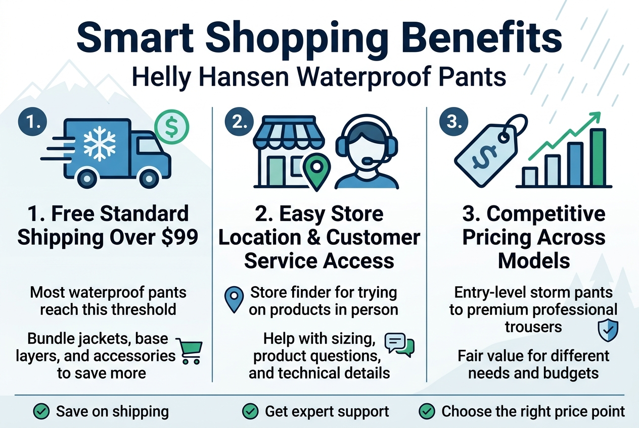 Create a clean, professional full-bleed infographic illustration in a 3:2 aspect ratio with a modern outdoor e-commerce style. Use a white background with deep navy, icy blue, teal, and accent green highlights. Use bold sans-serif typography with strong hierarchy. Place a large title across the top: "Smart Shopping Benefits". Add a smaller subtitle beneath it: "Helly Hansen Waterproof Pants".
Divide the design into 3 wide horizontal sections or a 3-column layout across the middle and lower area, each with a numbered badge, a clear icon, and short text blocks.
Section 1 on the left: a blue truck icon with a snowflake and dollar symbol, titled "1. Free Standard Shipping Over $99". Include supporting text in smaller lines: "Most waterproof pants reach this threshold" and "Bundle jackets, base layers, and accessories to save more". Add a small shopping cart icon beside the bundle line.
Section 2 in the center: a storefront icon with a location pin and a headset customer service icon, titled "2. Easy Store Location & Customer Service Access". Include supporting text: "Store finder for trying on products in person" and "Help with sizing, product questions, and technical details". Use a small map pin marker and a speech bubble icon.
Section 3 on the right: a price tag icon and a line of ascending price bars, titled "3. Competitive Pricing Across Models". Include supporting text: "Entry-level storm pants to premium professional trousers" and "Fair value for different needs and budgets". Add a small shield icon near the premium model line.
At the bottom, add a thin summary band with three small checkmark icons and the text: "Save on shipping", "Get expert support", "Choose the right price point". Use subtle outdoor-inspired background accents like faint mountain outlines and light rain lines, keeping the layout open and uncluttered. Ensure all text is sharp, readable, and evenly spaced, with strong visual contrast and clean section separators.