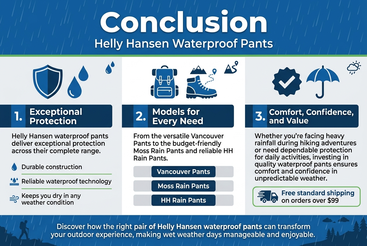 Create a clean professional full-bleed infographic in 3:2 aspect ratio with a modern outdoor gear aesthetic, using a blue, white, gray, and green color palette, bold sans-serif fonts, subtle rain texture, and strong visual hierarchy.
Top header across the full width:
Large bold title text: "Conclusion"
Subtitle text beneath: "Helly Hansen Waterproof Pants"
Main body arranged in three wide horizontal sections or three columns with clear icons and numbered markers:
Left section with a blue shield and raindrop icon:
"1. Exceptional Protection"
Body text: "Helly Hansen waterproof pants deliver exceptional protection across their complete range."
Small supporting text: "Durable construction"
Small supporting text: "Reliable waterproof technology"
Small supporting text: "Keeps you dry in any weather condition"
Center section with a backpack and hiking boot icon:
"2. Models for Every Need"
Body text: "From the versatile Vancouver Pants to the budget-friendly Moss Rain Pants and reliable HH Rain Pants."
Three labeled model chips or blocks:
"Vancouver Pants"
"Moss Rain Pants"
"HH Rain Pants"
Right section with a checkmark and umbrella icon:
"3. Comfort, Confidence, and Value"
Body text: "Whether you're facing heavy rainfall during hiking adventures or need dependable protection for daily activities, investing in quality waterproof pants ensures comfort and confidence in unpredictable weather."
Add a highlighted callout box near the bottom right with a shopping truck icon:
"Free standard shipping on orders over $99"
Bottom banner spanning the width with an outdoor rain scene silhouette:
"Discover how the right pair of Helly Hansen waterproof pants can transform your outdoor experience, making wet weather days manageable and enjoyable."
Use crisp white text on dark blue blocks, light gray backgrounds for sections, and green accent lines or badges. Include small raindrop, mountain, trail, and weather icons throughout. Keep the layout balanced, spacious, and easy to scan.