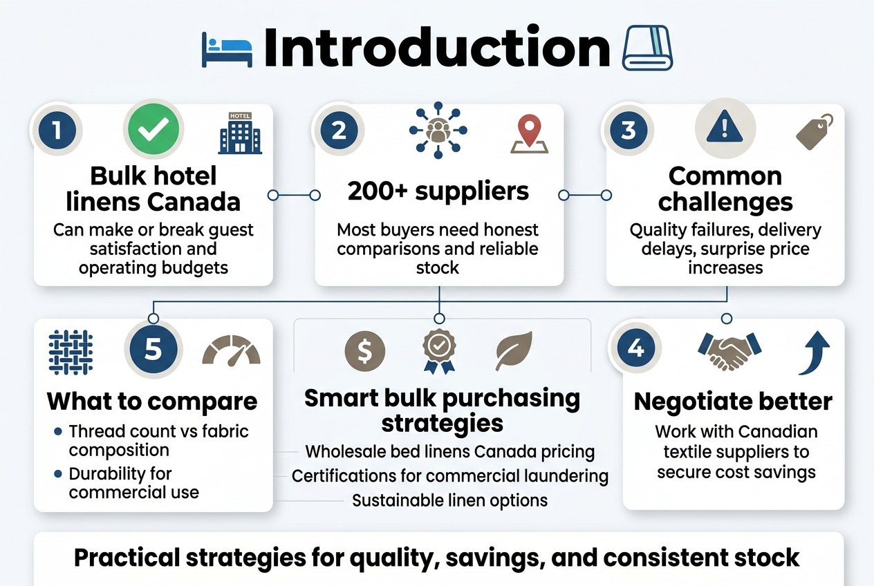 Full-bleed professional infographic, aspect ratio 3:2, clean modern corporate style, white background with navy blue, teal, and warm gray accents, bold sans-serif fonts, strong visual hierarchy, wide horizontal layout with multiple sections and no centered vertical stack.

Top header spanning full width: large bold title text, “Introduction”, with a small blue hotel bed icon and linen folded icon beside it.

Below the header, create a wide 2-row layout of 5 main content blocks with numbered circles and matching icons:

1) Left top block with a green checkmark circle icon and hotel building icon. Heading text: “Bulk hotel linens Canada”  
Subtext: “Can make or break guest satisfaction and operating budgets”

2) Center top block with a supplier network icon and map pin icon. Heading text: “200+ suppliers”  
Subtext: “Most buyers need honest comparisons and reliable stock”

3) Right top block with a warning triangle icon and price tag icon. Heading text: “Common challenges”  
Subtext: “Quality failures, delivery delays, surprise price increases”

4) Left bottom block with a fabric weave icon and rating gauge icon. Heading text: “What to compare”  
Two bullet lines: “Thread count vs fabric composition” and “Durability for commercial use”

5) Center bottom wide block with three small sub-icons in a row: dollar sign, certificate ribbon, and leaf. Heading text: “Smart bulk purchasing strategies”  
Three short lines beneath: “Wholesale bed linens Canada pricing” “Certifications for commercial laundering” “Sustainable linen options”

6) Right bottom block with a handshake icon and upward arrow icon. Heading text: “Negotiate better”  
Subtext: “Work with Canadian textile suppliers to secure cost savings”

Add a slim horizontal banner across the lower third with bold text: “Practical strategies for quality, savings, and consistent stock”

Use thin connector lines between the blocks in a clean grid, subtle shadows, and ample spacing. Include small accent icons near each heading. Keep text crisp, legible, and exactly as written.