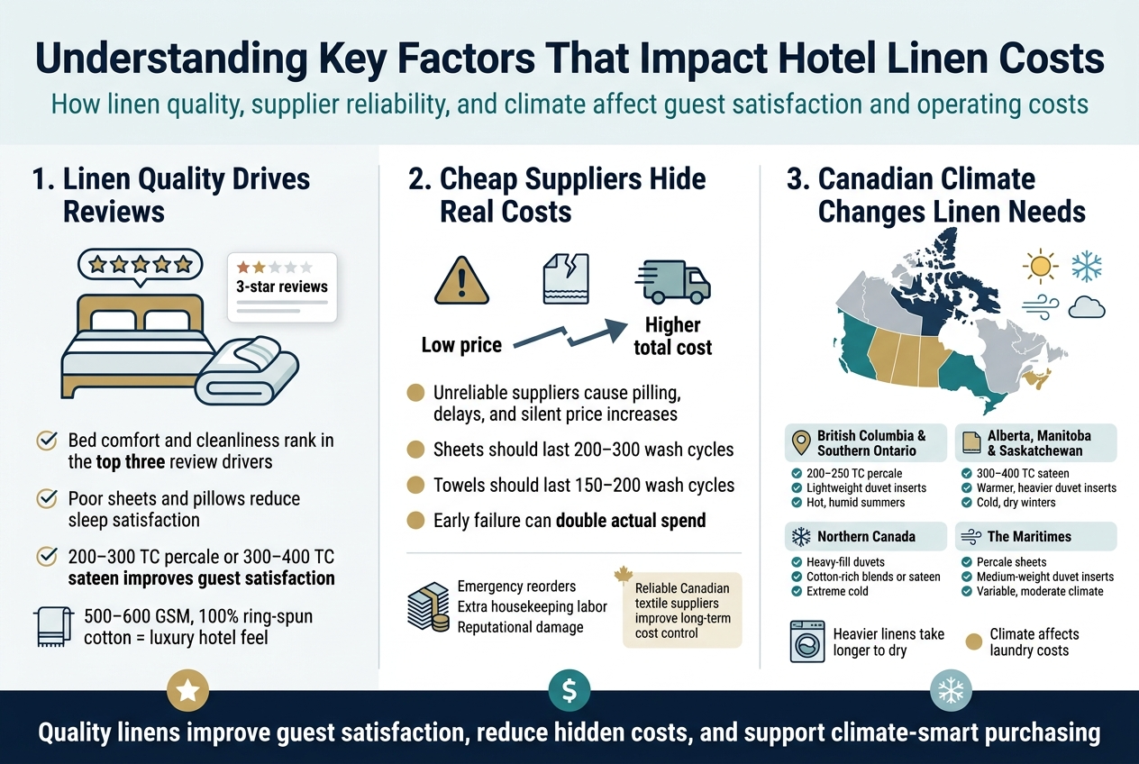 Create a full-bleed professional infographic in a 3:2 landscape aspect ratio with a clean white background, navy blue, teal, gold, and light gray accents, modern sans-serif fonts, subtle hotel-themed line icons, and strong visual hierarchy.

Top header across the full width:
Large bold title in dark navy: "Understanding Key Factors That Impact Hotel Linen Costs"
Smaller subtitle beneath in teal: "How linen quality, supplier reliability, and climate affect guest satisfaction and operating costs"

Use a wide three-column layout beneath the header with clear section blocks and numbered labels.

LEFT SECTION:
Section heading in navy: "1. Linen Quality Drives Reviews"
Place a large icon of a neatly made hotel bed with a star rating and soft towel stack.
Include 3 short bullet points with small check icons:
"Bed comfort and cleanliness rank in the top three review drivers"
"Poor sheets and pillows reduce sleep satisfaction"
"200–300 TC percale or 300–400 TC sateen improves guest satisfaction"
Add a small towel icon beside the line:
"500–600 GSM, 100% ring-spun cotton = luxury hotel feel"
Include a small review card graphic with a low rating showing:
"3-star reviews"

CENTER SECTION:
Section heading in navy: "2. Cheap Suppliers Hide Real Costs"
Place a warning icon, broken sheet icon, and delivery truck icon.
Show a simple cost comparison graphic with a broken arrow from low price to higher total cost.
Include 4 short bullets:
"Unreliable suppliers cause pilling, delays, and silent price increases"
"Sheets should last 200–300 wash cycles"
"Towels should last 150–200 wash cycles"
"Early failure can double actual spend"
Add a small expense stack icon and label:
"Emergency reorders"
"Extra housekeeping labor"
"Reputational damage"
Include a small note box in gold:
"Reliable Canadian textile suppliers improve long-term cost control"

RIGHT SECTION:
Section heading in navy: "3. Canadian Climate Changes Linen Needs"
Place a map of Canada with four highlighted climate zones and simple seasonal icons: sun, snowflake, wind, and cloud.
Organize four compact horizontal mini-cards with icons:
"British Columbia & Southern Ontario"
"200–250 TC percale"
"Lightweight duvet inserts"
"Hot, humid summers"
"Alberta, Manitoba & Saskatchewan"
"300–400 TC sateen"
"Warmer, heavier duvet inserts"
"Cold, dry winters"
"Northern Canada"
"Heavy-fill duvets"
"Cotton-rich blends or sateen"
"Extreme cold"
"The Maritimes"
"Percale sheets"
"Medium-weight duvet inserts"
"Variable, moderate climate"
Include a small laundry dryer icon with label:
"Heavier linens take longer to dry"
"Climate affects laundry costs"

BOTTOM STRIP ACROSS THE FULL WIDTH:
A bold dark navy takeaway bar with white text:
"Quality linens improve guest satisfaction, reduce hidden costs, and support climate-smart purchasing"
Add three small icons spaced evenly above the takeaway bar: a star, a dollar sign, and a snowflake.

Use crisp spacing, aligned blocks, subtle dividers, and no decorative borders. Keep all text exactly as written, readable, and well balanced across the wide layout.
