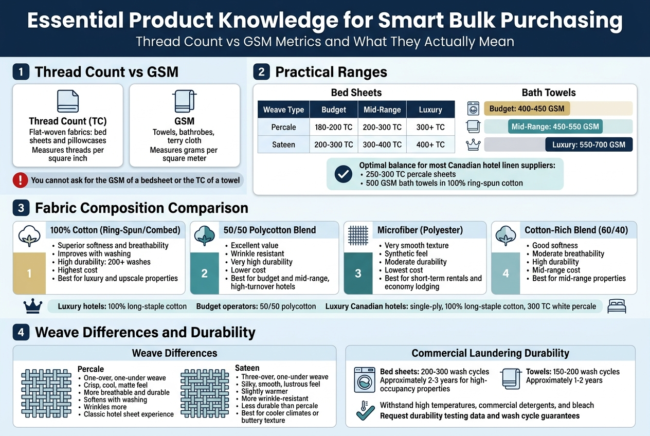 Create a full-bleed professional infographic in a clean modern style, aspect ratio 3:2, with a light white and pale blue background, navy headings, teal accents, gray body text, and subtle gold highlights. Use bold sans-serif fonts for headings and clear readable sans-serif for body text. Wide horizontal layout with three main sections across the canvas, not a narrow vertical poster.

TOP HEADER, spanning full width:
Large bold title text: "Essential Product Knowledge for Smart Bulk Purchasing"
Smaller subtitle beneath: "Thread Count vs GSM Metrics and What They Actually Mean"

LEFT TOP SECTION: "1. Thread Count vs GSM"
Use two side-by-side comparison cards with icons.
Card 1 on the left with a sheet icon and label:
"Thread Count (TC)"
"Flat-woven fabrics: bed sheets and pillowcases"
"Measures threads per square inch"
Card 2 on the right with a towel icon and label:
"GSM"
"Towels, bathrobes, terry cloth"
"Measures grams per square meter"
Add a bold warning banner below the cards with a red circle icon:
"You cannot ask for the GSM of a bedsheet or the TC of a towel"

CENTER SECTION: "2. Practical Ranges"
Use two clean tables or stacked range blocks with icons and color-coded bars.

Left table titled "Bed Sheets"
Columns: "Weave Type" | "Budget" | "Mid-Range" | "Luxury"
Row 1: "Percale" | "180-200 TC" | "200-300 TC" | "300+ TC"
Row 2: "Sateen" | "200-300 TC" | "300-400 TC" | "400+ TC"

Right table titled "Bath Towels"
Three horizontal range bars labeled:
"Budget: 400-450 GSM"
"Mid-Range: 450-550 GSM"
"Luxury: 550-700 GSM"

Below the tables, a highlighted callout with a checkmark icon:
"Optimal balance for most Canadian hotel linen suppliers:"
"250-300 TC percale sheets"
"500 GSM bath towels in 100% ring-spun cotton"

MIDDLE LOWER SECTION: "3. Fabric Composition Comparison"
Use four equal-width comparison blocks with fabric icons and simple color blocks.

Block 1 title: "100% Cotton (Ring-Spun/Combed)"
Bullets:
"Superior softness and breathability"
"Improves with washing"
"High durability: 200+ washes"
"Highest cost"
"Best for luxury and upscale properties"

Block 2 title: "50/50 Polycotton Blend"
Bullets:
"Excellent value"
"Wrinkle resistant"
"Very high durability"
"Lower cost"
"Best for budget and mid-range, high-turnover hotels"

Block 3 title: "Microfiber (Polyester)"
Bullets:
"Very smooth texture"
"Synthetic feel"
"Moderate durability"
"Lowest cost"
"Best for short-term rentals and economy lodging"

Block 4 title: "Cotton-Rich Blend (60/40)"
Bullets:
"Good softness"
"Moderate breathability"
"High durability"
"Mid-range cost"
"Best for mid-range properties"

Add a thin banner beneath these blocks with a crown icon on the left and a simple hotel bed icon on the right:
"Luxury hotels: 100% long-staple cotton"
"Budget operators: 50/50 polycotton"
"Luxury Canadian hotels: single-ply, 100% long-staple cotton, 300 TC white percale"

BOTTOM SECTION: "4. Weave Differences and Durability"
Split into two wide panels.

Left panel titled "Weave Differences" with two fabric weave illustrations:
"Percale"
"One-over, one-under weave"
"Crisp, cool, matte feel"
"More breathable and durable"
"Softens with washing"
"Wrinkles more"
"Classic hotel sheet experience"

"Sateen"
"Three-over, one-under weave"
"Silky, smooth, lustrous feel"
"Slightly warmer"
"More wrinkle-resistant"
"Less durable than percale"
"Best for cooler climates or buttery texture"

Right panel titled "Commercial Laundering Durability" with washer and towel icons:
"Bed sheets: 200-300 wash cycles"
"Approximately 2-3 years for high-occupancy properties"
"Towels: 150-200 wash cycles"
"Approximately 1-2 years"
"Withstand high temperatures, commercial detergents, and bleach"
"Request durability testing data and wash cycle guarantees"

Use small numbered badges for each main section: 1, 2, 3, 4. Add clean dividers, subtle shadows, and icons for sheets, towels, washing machine, cotton plant, weave pattern, crown, and checkmarks. Ensure all text is legible, aligned in organized blocks, with strong visual hierarchy and ample whitespace.