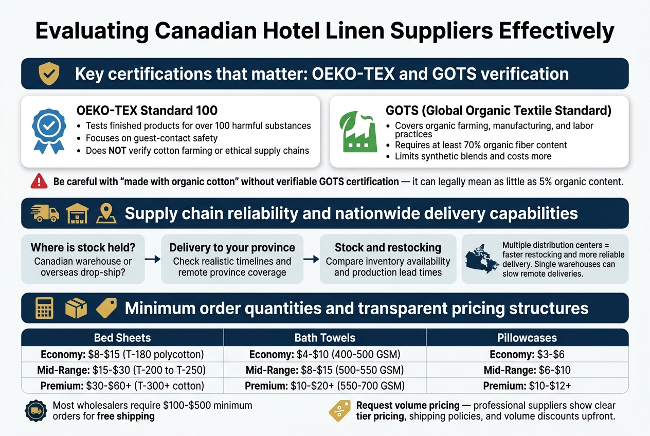Create a full-bleed professional infographic in a 3:2 aspect ratio with a clean white background, deep navy headers, teal accents, and gold highlight icons. Use modern sans-serif fonts with strong hierarchy. Place a bold title across the top: "Evaluating Canadian Hotel Linen Suppliers Effectively". Arrange the content in three wide horizontal sections across the page, not a narrow vertical stack.

Top section: a large headline band with a shield-and-check icon and the text "Key certifications that matter: OEKO-TEX and GOTS verification". Below it, use two side-by-side certification cards.
Left card: blue badge icon, title "OEKO-TEX Standard 100", and short bullets:
"Tests finished products for over 100 harmful substances"
"Focuses on guest-contact safety"
"Does NOT verify cotton farming or ethical supply chains"
Right card: green leaf-and-factory icon, title "GOTS (Global Organic Textile Standard)", and short bullets:
"Covers organic farming, manufacturing, and labor practices"
"Requires at least 70% organic fiber content"
"Limits synthetic blends and costs more"
Add a small warning callout below both cards with a red caution triangle and the text: "Be careful with 'made with organic cotton' without verifiable GOTS certification — it can legally mean as little as 5% organic content."

Middle section: a wide logistics band with a truck, warehouse, and map pin icons. Title: "Supply chain reliability and nationwide delivery capabilities". Use a left-to-right flow diagram with three blocks:
Block 1 title: "Where is stock held?"
Text: "Canadian warehouse or overseas drop-ship?"
Block 2 title: "Delivery to your province"
Text: "Check realistic timelines and remote province coverage"
Block 3 title: "Stock and restocking"
Text: "Compare inventory availability and production lead times"
Add a small note box with a map of Canada icon and the text: "Multiple distribution centers = faster restocking and more reliable delivery. Single warehouses can slow remote deliveries."

Bottom section: a pricing band with a calculator, shipping box, and price tag icons. Title: "Minimum order quantities and transparent pricing structures". Show a clean three-column pricing table with bold headers and visible currency values:
Column 1 header: "Bed Sheets"
Rows: "Economy: $8-$15 (T-180 polycotton)", "Mid-Range: $15-$30 (T-200 to T-250)", "Premium: $30-$60+ (T-300+ cotton)"
Column 2 header: "Bath Towels"
Rows: "Economy: $4-$10 (400-500 GSM)", "Mid-Range: $8-$15 (500-550 GSM)", "Premium: $10-$20+ (550-700 GSM)"
Column 3 header: "Pillowcases"
Rows: "Economy: $3-$6", "Mid-Range: $6-$10", "Premium: $10-$12+"
Place a small shipping badge under the table with the text: "Most wholesalers require $100-$500 minimum orders for free shipping"
Add another highlighted note with a discount tag icon and the text: "Request volume pricing — professional suppliers show clear tier pricing, shipping policies, and volume discounts upfront."

Use clear spacing, rounded cards, thin divider lines, subtle drop shadows, and simple flat vector icons. Keep all text crisp and readable, with strong visual contrast and a polished business infographic style.