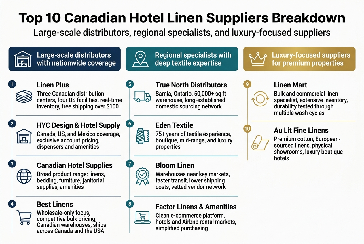 Create a full-bleed professional infographic in a 3:2 landscape aspect ratio, with a clean modern corporate style, white background, navy and teal accents, gold highlights for luxury, and bold sans-serif typography.

At the top, place a large bold heading centered across the width:
"Top 10 Canadian Hotel Linen Suppliers Breakdown"

Directly below the title, add a smaller subtitle:
"Large-scale distributors, regional specialists, and luxury-focused suppliers"

Organize the infographic into three wide horizontal sections across the page, each with a colored header bar and simple icons:
- Left section header with a warehouse icon: "Large-scale distributors with nationwide coverage"
- Center section header with a map pin icon: "Regional specialists with deep textile expertise"
- Right section header with a crown icon: "Luxury-focused suppliers for premium properties"

Use numbered supplier cards with small matching icons, short text, and clean spacing. Include these exact entries:

1. "Linen Plus" — "Three Canadian distribution centers, four US facilities, real-time online inventory, free shipping over $100"
2. "HYC Design & Hotel Supply" — "Canada, US, and Mexico coverage, exclusive account pricing, dispensers and amenities"
3. "Canadian Hotel Supplies" — "Broad product range: linens, bedding, furniture, janitorial supplies, amenities"
4. "Best Linens" — "Wholesale-only focus, competitive bulk pricing, Canadian warehouses, ships across Canada and the USA"
5. "True North Distributors" — "Sarnia, Ontario, 50,000+ sq ft warehouse, long-established domestic sourcing network"
6. "Eden Textile" — "75+ years of textile experience, boutique, mid-range, and luxury properties"
7. "Bloom Linen" — "Warehouses near key markets, faster transit, lower shipping costs, vetted vendor network"
8. "Factor Linens & Amenities" — "Clean e-commerce platform, hotels and Airbnb rental markets, simplified purchasing"
9. "Linen Mart" — "Bulk and commercial linen specialist, extensive inventory, durability tested through multiple wash cycles"
10. "Au Lit Fine Linens" — "Premium cotton, European-sourced linens, physical showrooms, luxury boutique hotels"

Add small visual markers beside each supplier card: stacked linens, warehouse building, globe, shopping cart, truck, textile spool, leaf-like quality seal, laptop cart, wash-cycle circle arrows, and a luxury fabric roll.

Use a strong visual hierarchy: large title at top, category headers prominent, supplier names bold, descriptive text smaller. Keep the layout balanced and wide, using multi-column cards rather than a vertical poster stack. Include subtle line dividers and small circular number badges for each supplier.