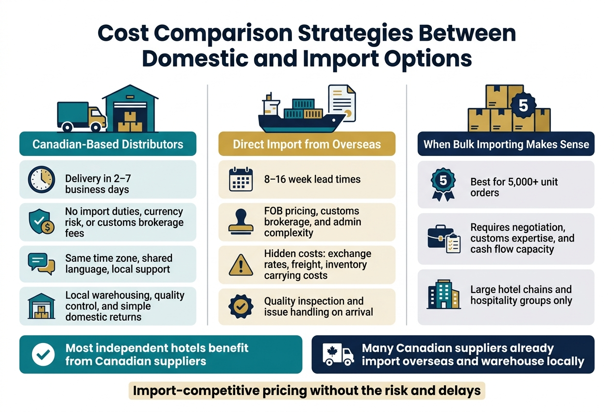 Create a clean professional business infographic, full-bleed, landscape aspect ratio 3:2, using a white background with navy blue, teal, and gold accents, modern sans-serif fonts, strong hierarchy, and crisp flat vector icons.

Top center: bold large heading in dark navy text: "Cost Comparison Strategies Between Domestic and Import Options"

Below the heading, use a wide 3-column layout with clearly separated sections and subtle light-gray dividers.

LEFT COLUMN: title bar in teal with white text: "Canadian-Based Distributors"
Place a large truck and warehouse icon at the top of this section. Under it, include 4 stacked benefit blocks with small circular icons:
1. Clock icon with text: "Delivery in 2–7 business days"
2. Shield and dollar icon with text: "No import duties, currency risk, or customs brokerage fees"
3. Chat bubble icon with text: "Same time zone, shared language, local support"
4. Warehouse and return box icon with text: "Local warehousing, quality control, and simple domestic returns"

CENTER COLUMN: title bar in gold with dark text: "Direct Import from Overseas"
Place an ocean container ship and document icon at the top. Under it, include 4 stacked warning blocks with small icons:
1. Calendar icon with text: "8–16 week lead times"
2. Customs stamp icon with text: "FOB pricing, customs brokerage, and admin complexity"
3. Warning triangle icon with text: "Hidden costs: exchange rates, freight, inventory carrying costs"
4. Quality check icon with text: "Quality inspection and issue handling on arrival"

RIGHT COLUMN: title bar in dark navy with white text: "When Bulk Importing Makes Sense"
Place a stacked shipping boxes icon with a large number badge. Include 3 compact blocks:
1. Number badge icon with text: "Best for 5,000+ unit orders"
2. Briefcase and checklist icon with text: "Requires negotiation, customs expertise, and cash flow capacity"
3. Building and warehouse icon with text: "Large hotel chains and hospitality groups only"

Bottom wide horizontal band across the page with a comparison strip and two callout boxes:
Left callout in teal with checkmark icon and bold text: "Most independent hotels benefit from Canadian suppliers"
Right callout in navy with import-truck icon and bold text: "Many Canadian suppliers already import overseas and warehouse locally"

Add a central bottom summary line in a highlighted banner with bold text: "Import-competitive pricing without the risk and delays"

Use clear icons beside each point, balanced spacing, aligned blocks, and strong visual contrast. Keep all text sharp, readable, and minimal, with no decorative clutter.