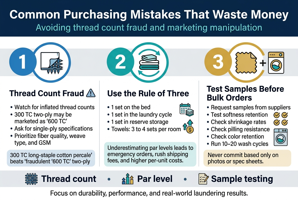 Create a clean professional infographic in a 3:2 aspect ratio with a full-bleed layout, wide horizontal composition, and no poster frame or large outer margins. Use a modern sans-serif font, bold navy headings, dark gray body text, and accent colors in teal, blue, and gold on a white background with subtle light-gray section dividers.

Top banner across the full width with a bold navy title:
"Common Purchasing Mistakes That Waste Money"
Subtitle directly below in smaller teal text:
"Avoiding thread count fraud and marketing manipulation"

Below the header, divide the infographic into three wide horizontal sections arranged left to right across the center and lower area, each with a large numbered circle icon and a clear visual symbol.

SECTION 1 on the left:
Large blue circle with number "1" and a textile icon showing a sheet with threads.
Heading:
"Thread Count Fraud"
Body text in short bullets:
"• Watch for inflated thread counts"
"• 300 TC two-ply may be marketed as '600 TC'"
"• Ask for single-ply specifications"
"• Prioritize fiber quality, weave type, and GSM"
Add a small warning triangle icon near the heading.
Include a small comparison badge:
"300 TC long-staple cotton percale"
"beats"
"fraudulent '600 TC' two-ply"

SECTION 2 in the center:
Large teal circle with number "2" and an icon of stacked linens with arrows showing rotation.
Heading:
"Use the Rule of Three"
Body text in short bullets:
"• 1 set on the bed"
"• 1 set in the laundry cycle"
"• 1 set in reserve storage"
"• Towels: 3 to 4 sets per room"
Add a small calendar/stack icon and a cost icon showing a dollar sign with an upward arrow.
Bottom note in a highlighted box:
"Underestimating par levels leads to emergency orders, rush shipping fees, and higher per-unit costs."

SECTION 3 on the right:
Large gold circle with number "3" and a sample swatch plus laundry test icon.
Heading:
"Test Samples Before Bulk Orders"
Body text in short bullets:
"• Request samples from suppliers"
"• Test softness retention"
"• Check shrinkage rates"
"• Check pilling resistance"
"• Check color retention"
"• Run 10–20 wash cycles"
Add a small washing machine icon and checkmark icons beside the bullet list.
Bottom note in a highlighted box:
"Never commit based only on photos or spec sheets."

Across the bottom, add a wide summary strip with three small icons and short labels separated by dots:
"Thread count" • "Par level" • "Sample testing"
Final footer line in smaller text:
"Focus on durability, performance, and real-world laundering results."

Use crisp icons, strong hierarchy, and balanced spacing. Keep all text readable, aligned, and visually organized in three clear sections.
