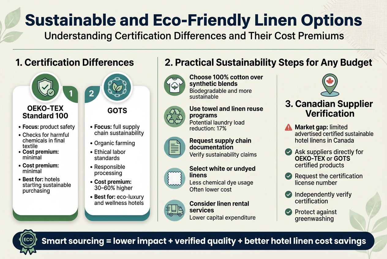 Create a wide 3:2 full-bleed professional infographic with a clean modern hospitality style, white background with deep green, teal, navy, and soft beige accents, subtle eco leaf and linen textures, bold sans-serif typography, clear hierarchy, and wide horizontal sections across the page.

Top header across full width:
Large bold title in dark navy: "Sustainable and Eco-Friendly Linen Options"
Smaller subtitle beneath: "Understanding Certification Differences and Their Cost Premiums"

Main body in three wide horizontal sections, using icons and numbered blocks:

Left section titled: "1. Certification Differences"
Two stacked comparison cards side by side with icons:
Card 1 with a shield icon and checkmark, green accent:
"OEKO-TEX Standard 100"
"• Focus: product safety"
"• Checks for harmful chemicals in final textile"
"• Cost premium: minimal"
"• Best for: hotels starting sustainable purchasing"
Card 2 with a leaf-and-chain icon, teal accent:
"GOTS"
"• Focus: full supply chain sustainability"
"• Organic farming"
"• Ethical labor standards"
"• Responsible processing"
"• Cost premium: 30–60% higher"
"• Best for: eco-luxury and wellness hotels"

Center section titled: "2. Practical Sustainability Steps for Any Budget"
Five horizontal icon bullets in a grid, each with a simple line icon:
1. Cotton t-shirt/fabric icon:
"Choose 100% cotton over synthetic blends"
"Biodegradable and more sustainable"
2. Reuse symbol icon:
"Use towel and linen reuse programs"
"Potential laundry load reduction: 17%"
3. Document/file icon:
"Request supply chain documentation"
"Verify sustainability claims"
4. White linen swatch icon:
"Select white or undyed linens"
"Less chemical dye usage"
"Often lower cost"
5. Rental truck/linen rack icon:
"Consider linen rental services"
"Lower capital expenditure"

Right section titled: "3. Canadian Supplier Verification"
Include a map pin icon with a small Canada outline, plus a warning/check list style:
"Market gap: limited advertised certified sustainable hotel linens in Canada"
"Ask suppliers directly for OEKO-TEX or GOTS certified products"
"Request the certification license number"
"Independently verify certification"
"Protect against greenwashing"

Bottom callout banner across full width with a bold eco badge icon:
"Smart sourcing = lower impact + verified quality + better hotel linen cost savings"

Use clean evenly spaced layouts, strong visual separation between sections, rounded cards, thin divider lines, icons in matching green/blue tones, high readability, no people, no photography, no clutter.