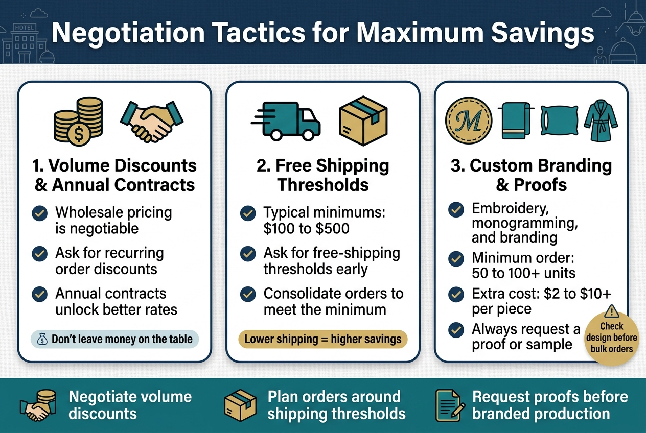 Create a clean, professional full-bleed infographic in a 3:2 aspect ratio with a modern corporate style, using navy blue, teal, white, and gold accents. Place a bold header across the top with the exact title text: "Negotiation Tactics for Maximum Savings". Use a wide horizontal layout with three large side-by-side sections across the middle, each in a rounded rectangle card with clear icons and bold subheadings.

Top header: large sans-serif bold title in white on a navy banner, with a subtle linen texture background and small hotel/hospitality line-art details.

Section 1 on the left: a stack of coins and a handshake icon. Subheading text: "1. Volume Discounts & Annual Contracts". Under it, 3 short bullet points with check icons:
"Wholesale pricing is negotiable"
"Ask for recurring order discounts"
"Annual contracts unlock better rates"
Include a small callout badge: "Don’t leave money on the table"

Section 2 in the center: a delivery truck icon and a shipping box icon. Subheading text: "2. Free Shipping Thresholds". Under it, 3 short bullet points with check icons:
"Typical minimums: $100 to $500"
"Ask for free-shipping thresholds early"
"Consolidate orders to meet the minimum"
Add a small highlighted label: "Lower shipping = higher savings"

Section 3 on the right: a stitched monogram icon, towel, pillowcase, and bathrobe icons. Subheading text: "3. Custom Branding & Proofs". Under it, 4 short bullet points with check icons:
"Embroidery, monogramming, and branding"
"Minimum order: 50 to 100+ units"
"Extra cost: $2 to $10+ per piece"
"Always request a proof or sample"
Add a small caution badge: "Check design before bulk orders"

Along the bottom, include a wide horizontal takeaway strip with three compact icons and the exact text:
"Negotiate volume discounts"
"Plan orders around shipping thresholds"
"Request proofs before branded production"

Use strong visual hierarchy, crisp typography, ample spacing, and icon-driven section headers. Keep all text large, readable, and minimal. No frame, no border, no vertical poster layout, no clutter.