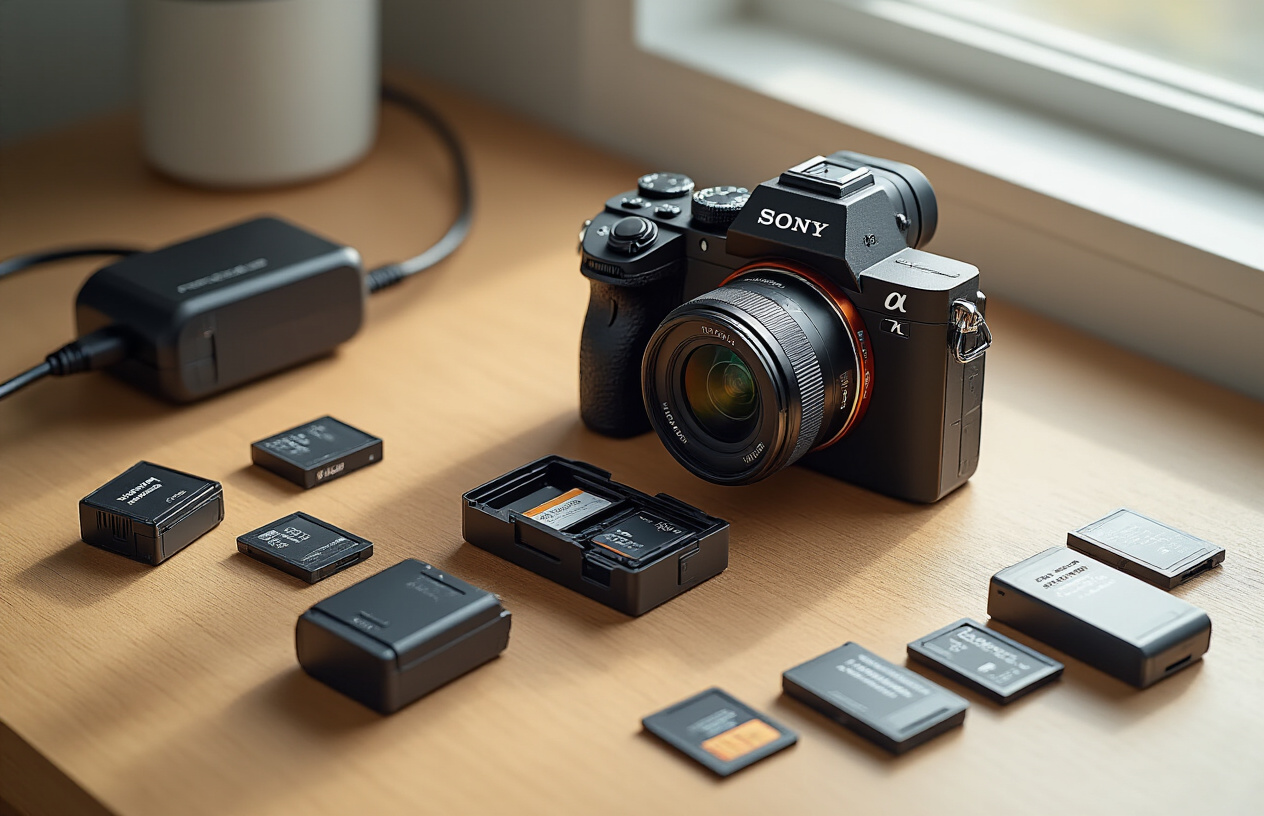 Create a realistic image of a Sony Alpha A7V camera body lying on a wooden desk surface with its battery compartment open showing the battery being inserted, multiple camera batteries scattered nearby, various memory cards including SD and CFexpress cards arranged around the camera, a battery charger connected to a power outlet in the background, soft natural lighting from a window creating gentle shadows, clean modern workspace setting, absolutely NO text should be in the scene.