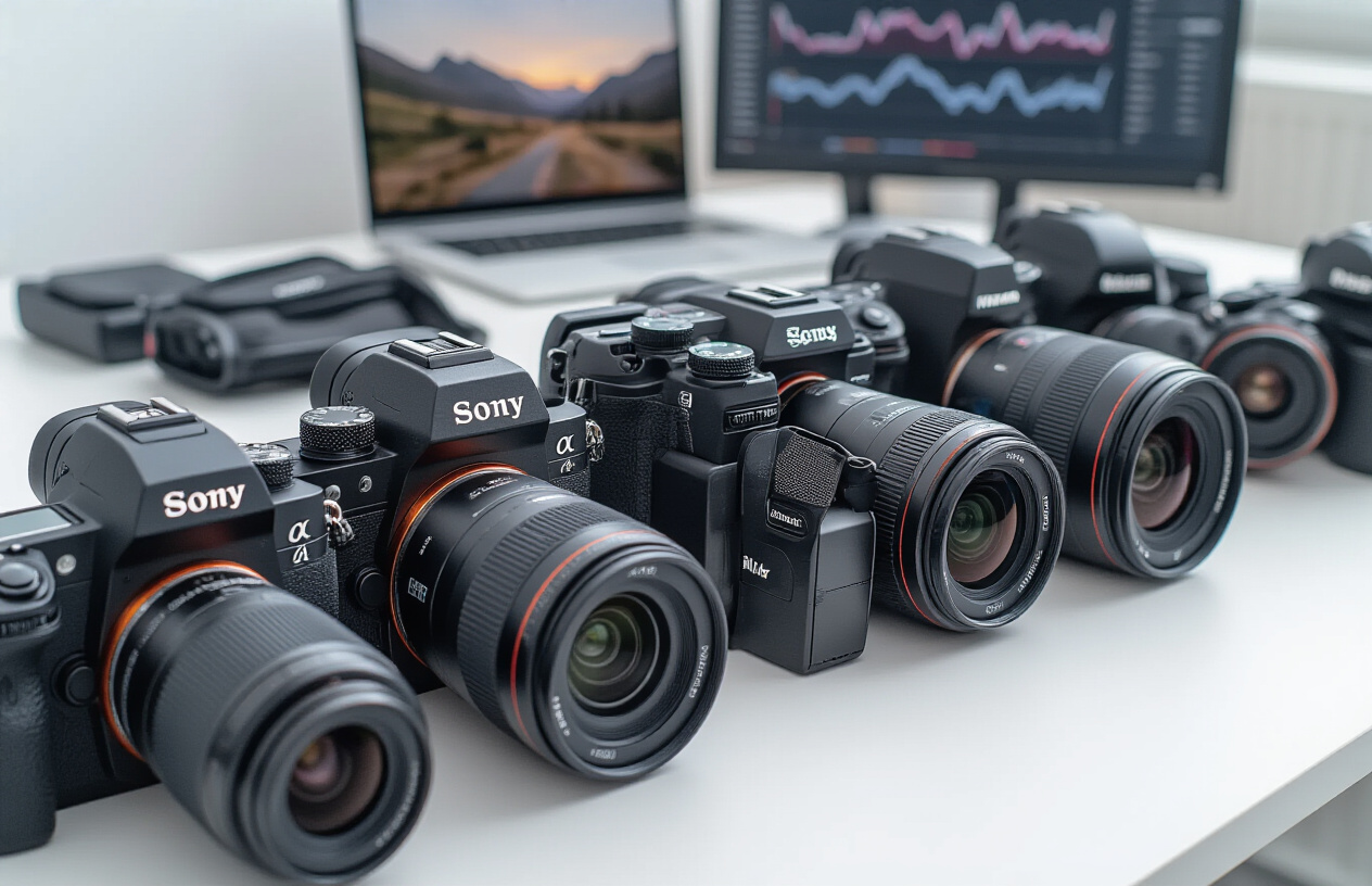 Create a realistic image of a clean, modern desk setup featuring multiple professional cameras arranged side by side for comparison, including the Sony Alpha A7V camera prominently positioned in the center alongside competing DSLR and mirrorless cameras from Canon, Nikon, and other major brands, all cameras displayed on a neutral white or light gray surface with professional photography lighting creating soft shadows, performance specification charts and graphs visible on a laptop screen in the background showing technical comparison data, with a minimalist studio environment and professional photography equipment subtly visible in the soft-focus background. Absolutely NO text should be in the scene.