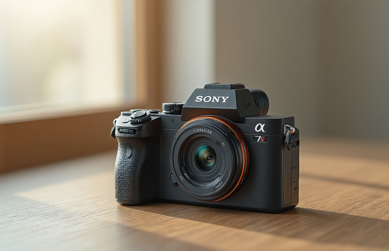 Create a realistic image of a Sony Alpha A7V mirrorless camera positioned on a clean wooden desk surface with soft natural lighting from a nearby window, showing the camera at a three-quarter angle to display both the front and top controls, with a neutral modern indoor background featuring subtle bokeh, creating a professional and contemplative mood that suggests thoughtful evaluation and final assessment, with warm ambient lighting that highlights the camera's sleek black finish and premium build quality. Absolutely NO text should be in the scene.