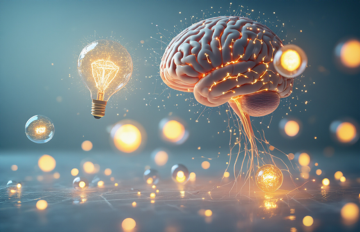 Create a realistic image of a close-up view of a human brain model with glowing neural pathways and synapses, surrounded by floating light bulbs of various sizes representing different ideas, with some bulbs brighter and more prominent than others to show memorable concepts, set against a soft gradient background transitioning from deep blue to warm amber, with subtle bokeh lighting effects creating a scientific yet inspiring atmosphere, absolutely NO text should be in the scene.