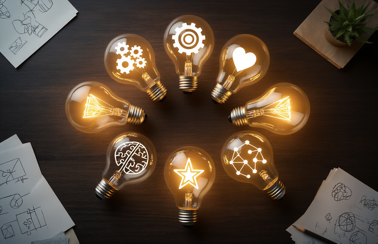 Create a realistic image of six glowing lightbulbs arranged in a circular pattern on a dark wooden desk, each bulb containing a different symbolic element representing memorable concepts - one with gears, one with a heart shape, one with puzzle pieces, one with a brain silhouette, one with interconnected nodes, and one with a star, surrounded by scattered papers with sketches and diagrams, warm ambient lighting creating a focused workspace atmosphere, shot from above at a 45-degree angle, absolutely NO text should be in the scene.