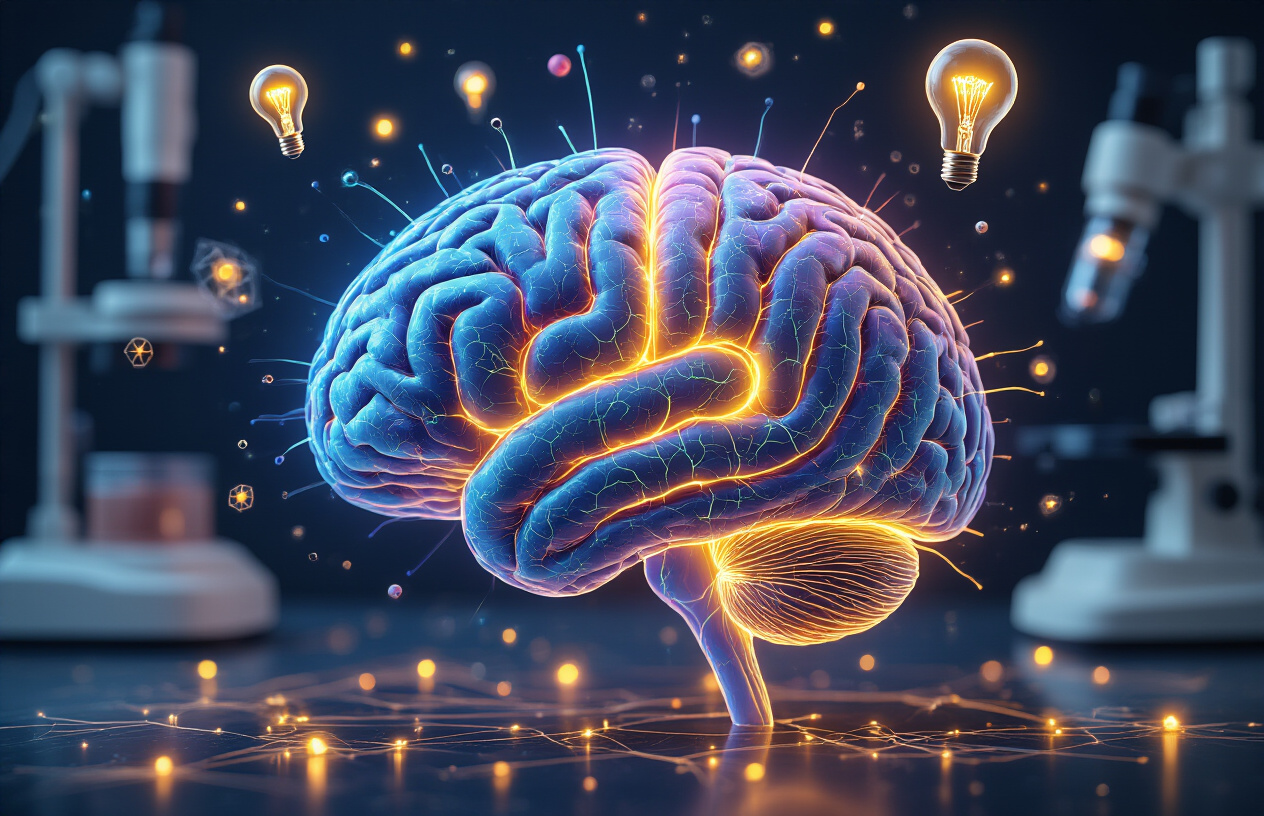 Create a realistic image of a detailed cross-section view of a human brain with colorful neural pathways lighting up in vibrant blues, purples, and golden yellow, showing synaptic connections firing, surrounded by floating lightbulb symbols and abstract geometric shapes representing ideas, set against a dark navy background with soft ambient lighting, featuring a modern scientific laboratory setting with subtle microscopy equipment in the background, emphasizing the connection between neuroscience and creative thinking processes, absolutely NO text should be in the scene.