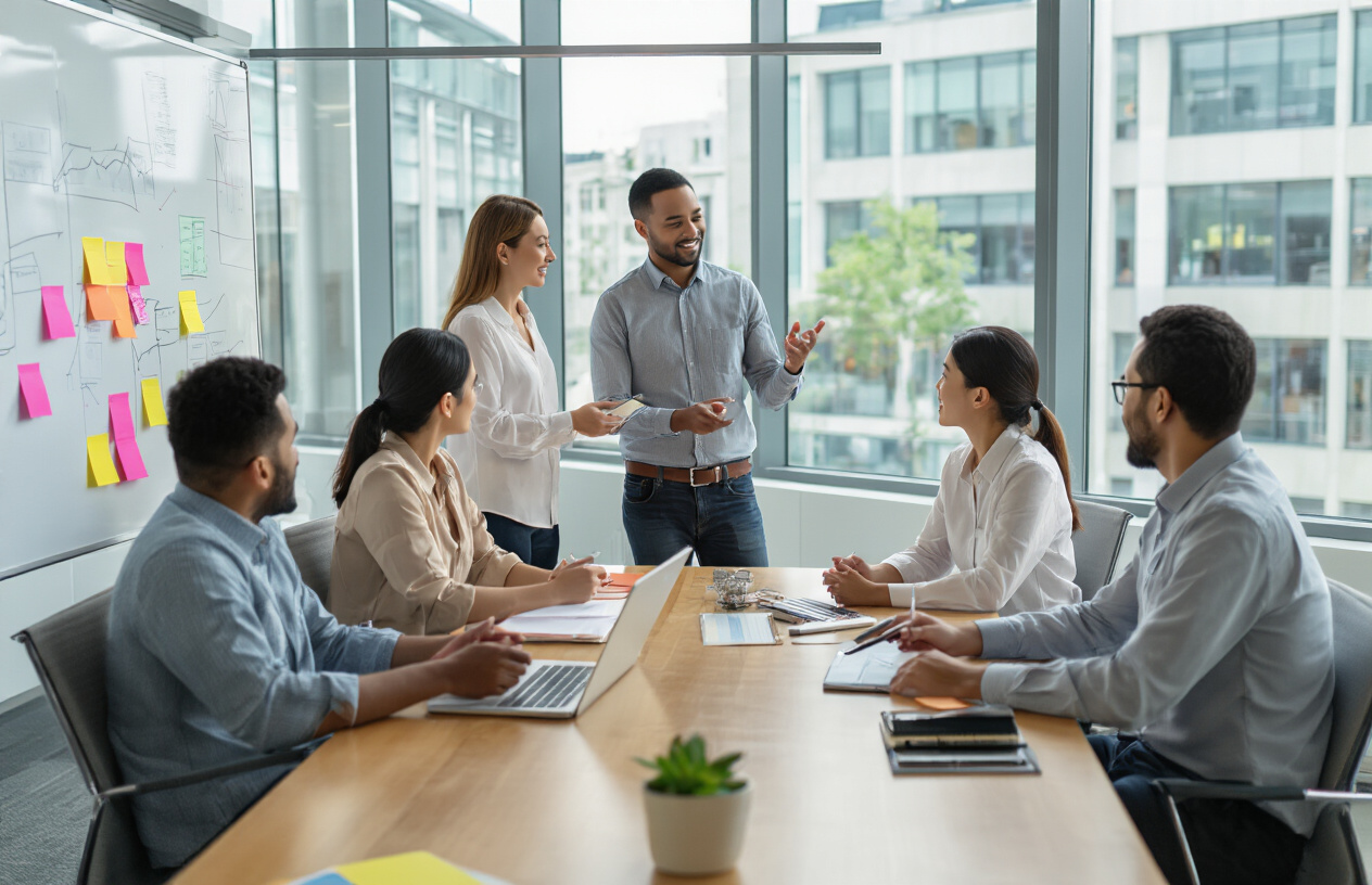 Create a realistic image of a diverse group of professionals in a modern office setting engaged in collaborative discussion, featuring a white female presenting ideas on a whiteboard to colleagues including a black male, an Asian female, and a Hispanic male, all seated around a conference table with laptops and notebooks, bright natural lighting from large windows, vibrant and energetic atmosphere showing active engagement and idea sharing, modern corporate environment with glass walls and contemporary furniture, absolutely NO text should be in the scene.