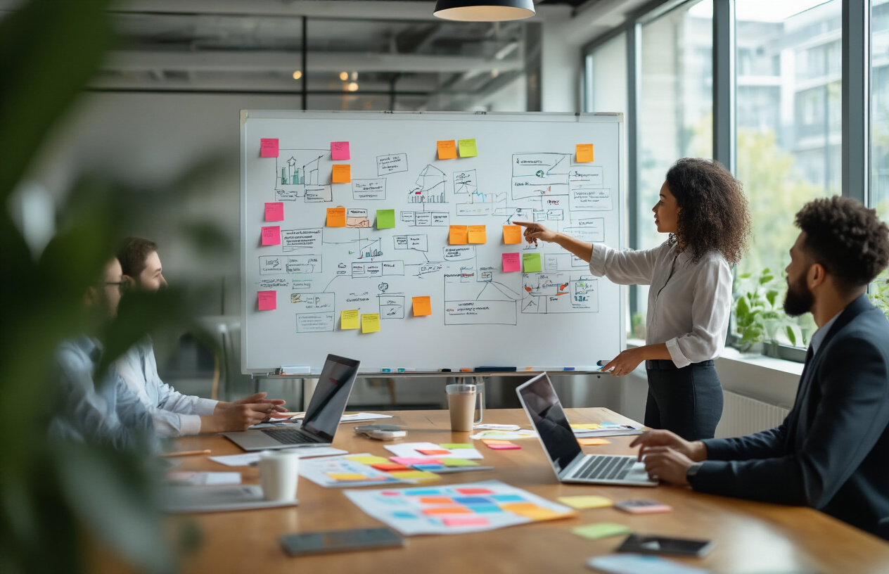 Create a realistic image of a diverse group of business professionals collaborating around a modern conference table with sticky notes, sketches, and innovation tools scattered across the surface, featuring a white male and black female actively discussing while pointing at a large whiteboard filled with colorful diagrams and flowcharts, set in a bright contemporary office space with natural lighting streaming through large windows, conveying an atmosphere of creative problem-solving and strategic planning, with laptops, tablets, and design thinking materials visible on the table, absolutely NO text should be in the scene.