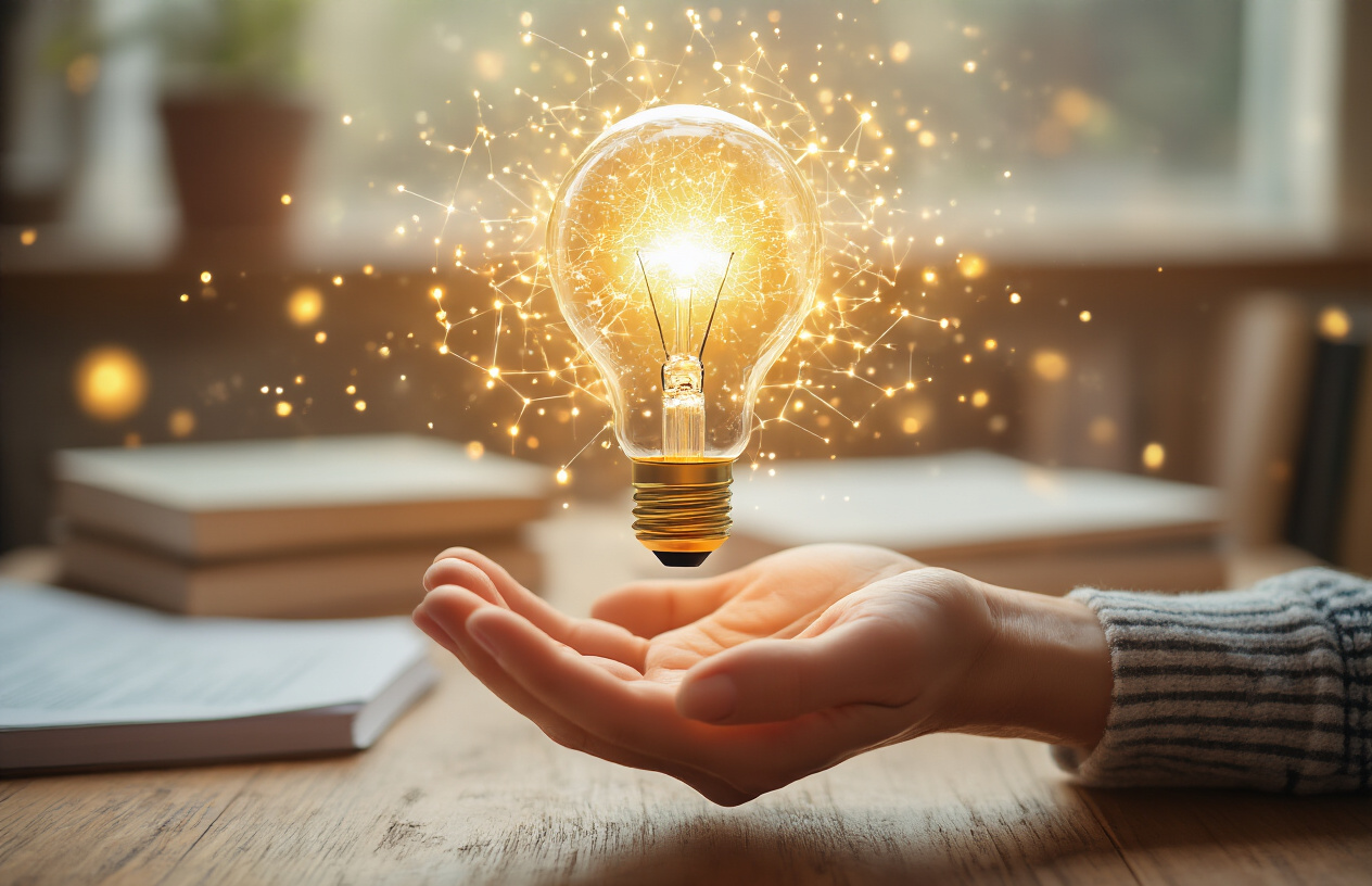 Create a realistic image of a bright lightbulb floating above an open human hand with glowing particles and small interconnected nodes radiating outward, representing the crystallization of innovative ideas, set against a soft-focus background of blurred books and research papers on a wooden desk, with warm golden lighting creating an inspiring and enlightening atmosphere that conveys the successful transformation of concepts into lasting innovation, absolutely NO text should be in the scene.