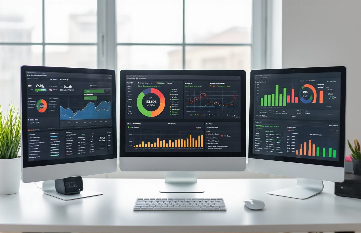 Create a realistic image of a modern computer screen displaying technical SEO analysis dashboards and website health metrics, with colorful graphs showing site performance data, loading speed indicators, and technical audit results, surrounded by a clean white desk setup with a wireless keyboard and mouse, in a bright professional office environment with natural lighting from a window, showing various SEO monitoring tools interfaces with green and red status indicators for website health checks, absolutely NO text should be in the scene.