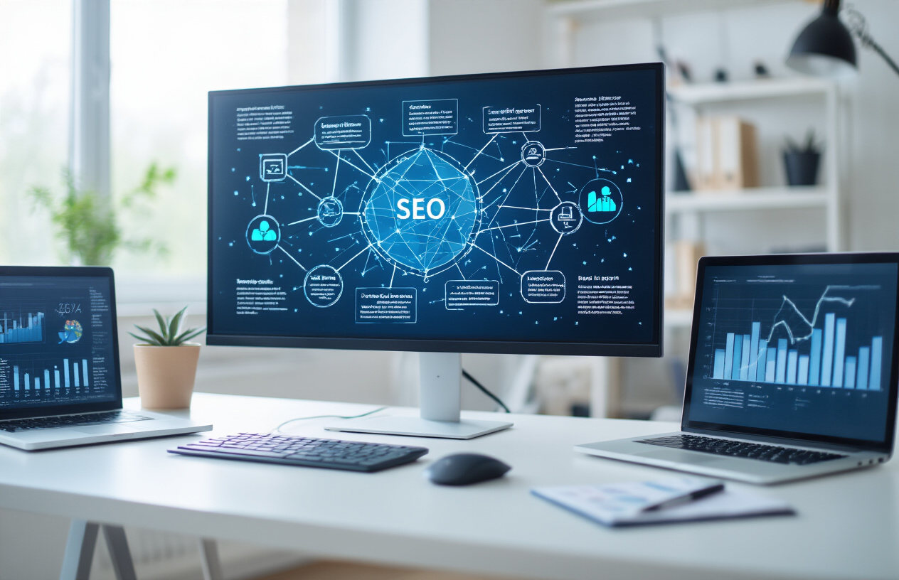 Create a realistic image of a modern computer monitor displaying a network diagram with interconnected website nodes and linking paths, surrounded by SEO analysis charts and graphs on a clean white desk, with a computer mouse and notepad nearby, in a bright office environment with natural lighting, showing the concept of backlink analysis and website authority building. Absolutely NO text should be in the scene.