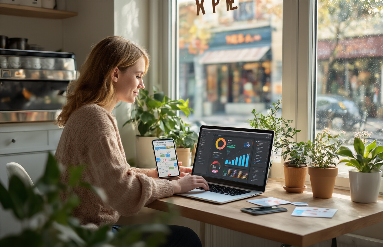 Create a realistic image of a small business owner, white female, sitting at a modern desk with a laptop displaying colorful analytics dashboards and local search results, surrounded by local business elements like a coffee shop storefront visible through a window, smartphone showing map pins and location markers, small potted plants, and business cards scattered on the desk, warm natural lighting from the window creating a productive and focused atmosphere, absolutely NO text should be in the scene.