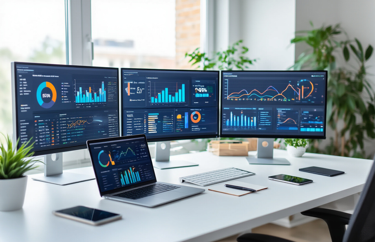 Create a realistic image of a modern workspace featuring multiple computer monitors displaying colorful analytics dashboards with graphs, charts, and data visualizations, a clean white desk with a laptop, smartphone, and notepad, soft natural lighting from a window, professional office environment with plants in the background, focus on the screens showing various SEO metrics and performance indicators in vibrant blues, greens, and oranges, absolutely NO text should be in the scene.