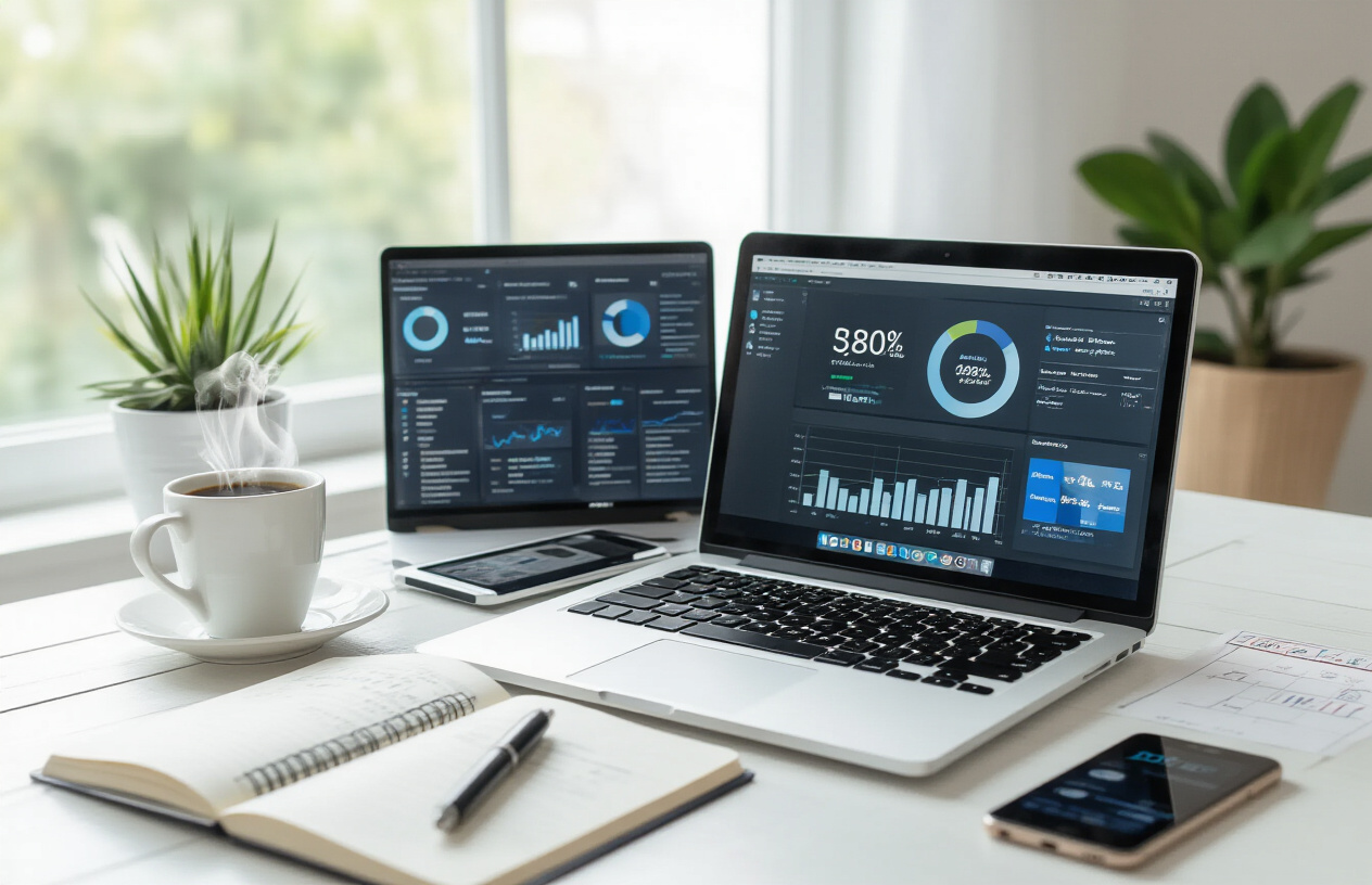 Create a realistic image of a clean, modern workspace featuring a laptop computer with multiple browser tabs open showing various SEO analytics dashboards and charts on the screen, surrounded by a notebook with handwritten SEO notes, a smartphone displaying website metrics, and a steaming coffee cup, all arranged on a white wooden desk with soft natural lighting from a nearby window, creating an inspiring and productive atmosphere that represents successful SEO optimization and digital marketing achievement, with a potted plant and minimalist office supplies in the background. Absolutely NO text should be in the scene.