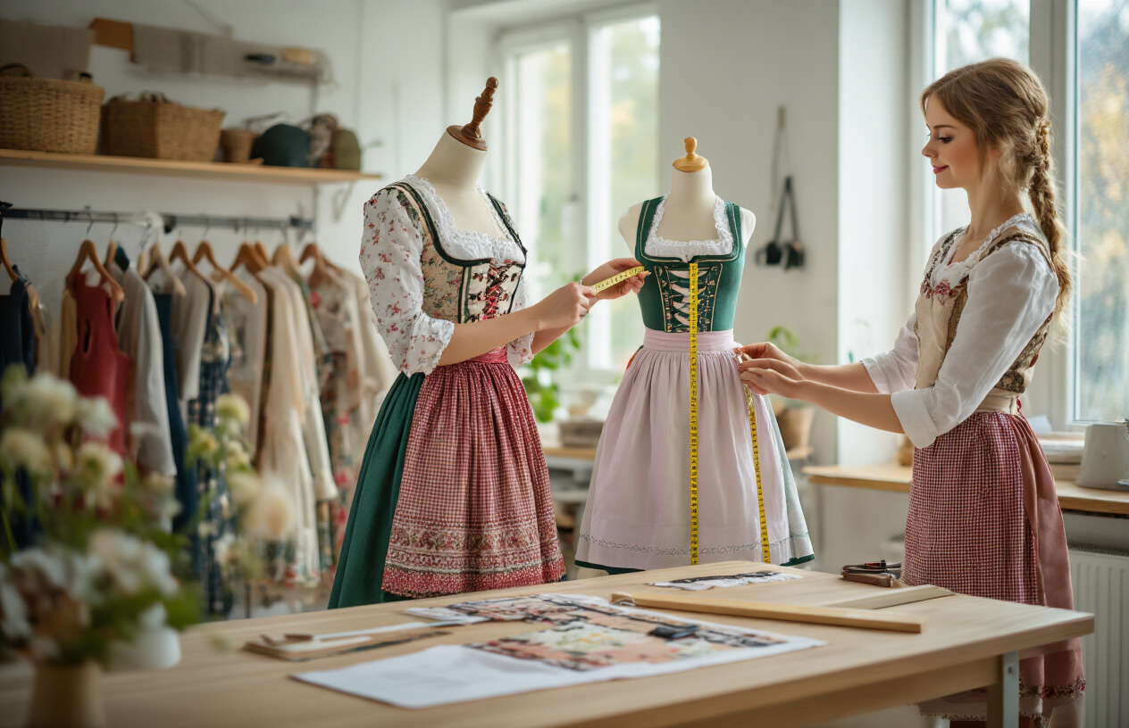 Create a realistic image of a white female tailor or seamstress measuring a traditional Austrian dirndl dress with a measuring tape, the dirndl displayed on a dress form or mannequin showing the bodice, skirt, and apron components, with measuring tools like a ruler and size chart visible on a wooden table nearby, set in a bright, well-lit tailoring workshop or boutique with natural lighting, capturing the precision and craftsmanship involved in proper garment fitting, absolutely NO text should be in the scene.