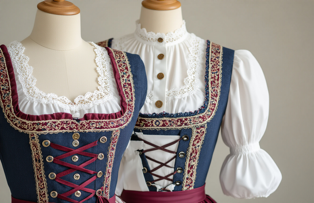 Create a realistic image of a detailed close-up view of a high-quality traditional dirndl dress displayed on a mannequin or clothing form, showcasing essential features like intricate bodice construction with proper boning structure, decorative buttons, lace-up front closure, high-quality fabric texture, traditional apron with ties, puffy white blouse sleeves visible underneath, rich colors like deep blue or burgundy, fine embroidery details, and quality stitching, set against a clean neutral background with soft professional lighting that highlights the craftsmanship and fabric details, absolutely NO text should be in the scene.