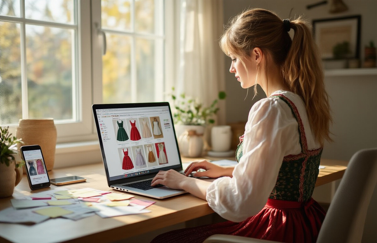 Create a realistic image of a white female sitting at a modern desk with a laptop computer open, displaying multiple browser tabs of different online clothing store websites, with traditional Austrian dirndl dresses visible on the screen, surrounded by scattered notes and a smartphone showing customer reviews, in a well-lit home office with warm natural lighting from a window, conveying a focused research atmosphere, absolutely NO text should be in the scene.