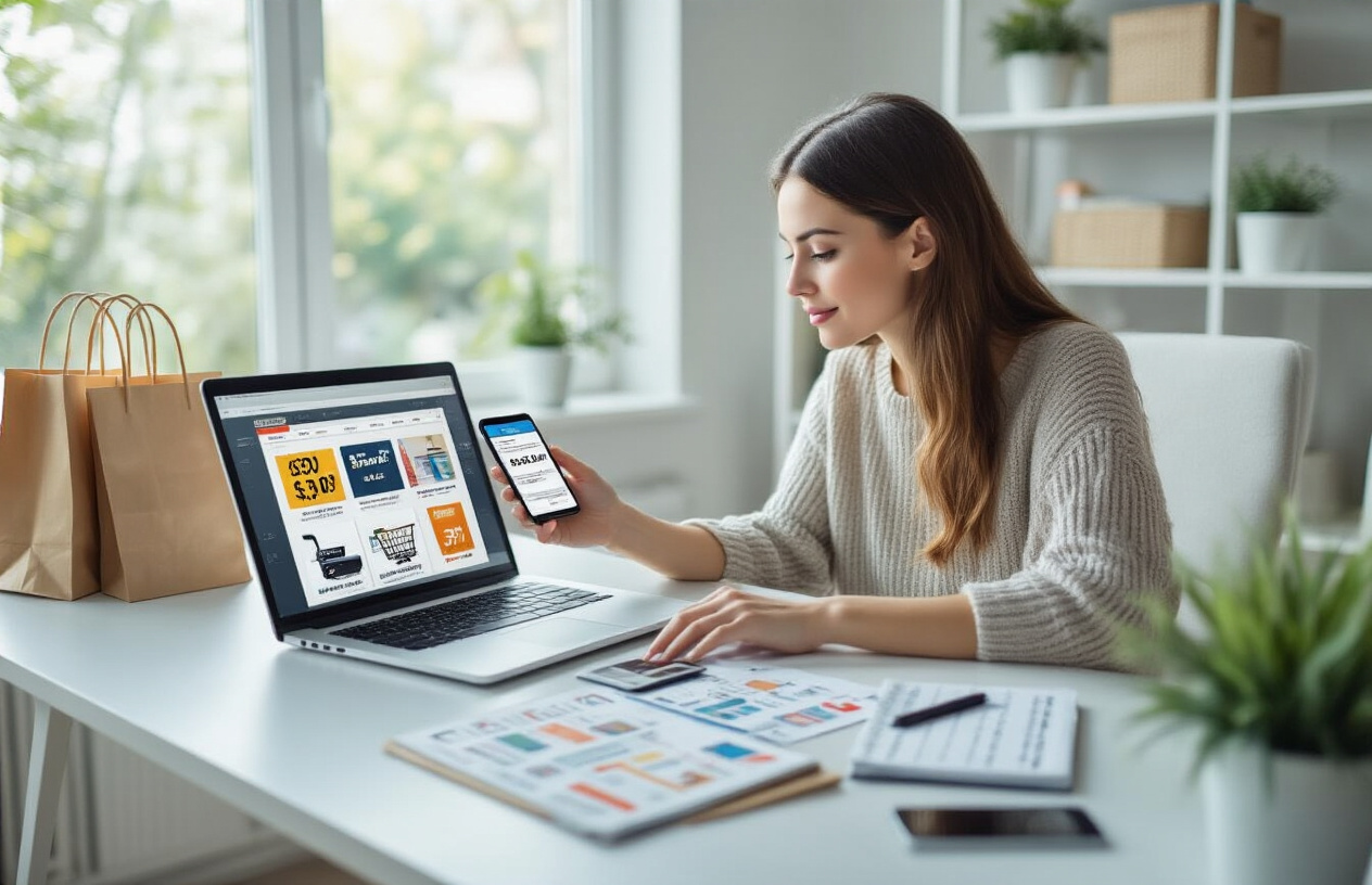 Create a realistic image of a white female sitting at a modern desk with a laptop computer open, displaying online shopping websites on the screen, surrounded by shopping comparison charts, a smartphone showing price alerts, a notebook with written shopping tips, a credit card, and shopping bags in the background, set in a bright, well-lit home office environment with natural lighting from a window, conveying a focused and organized online shopping atmosphere, absolutely NO text should be in the scene.