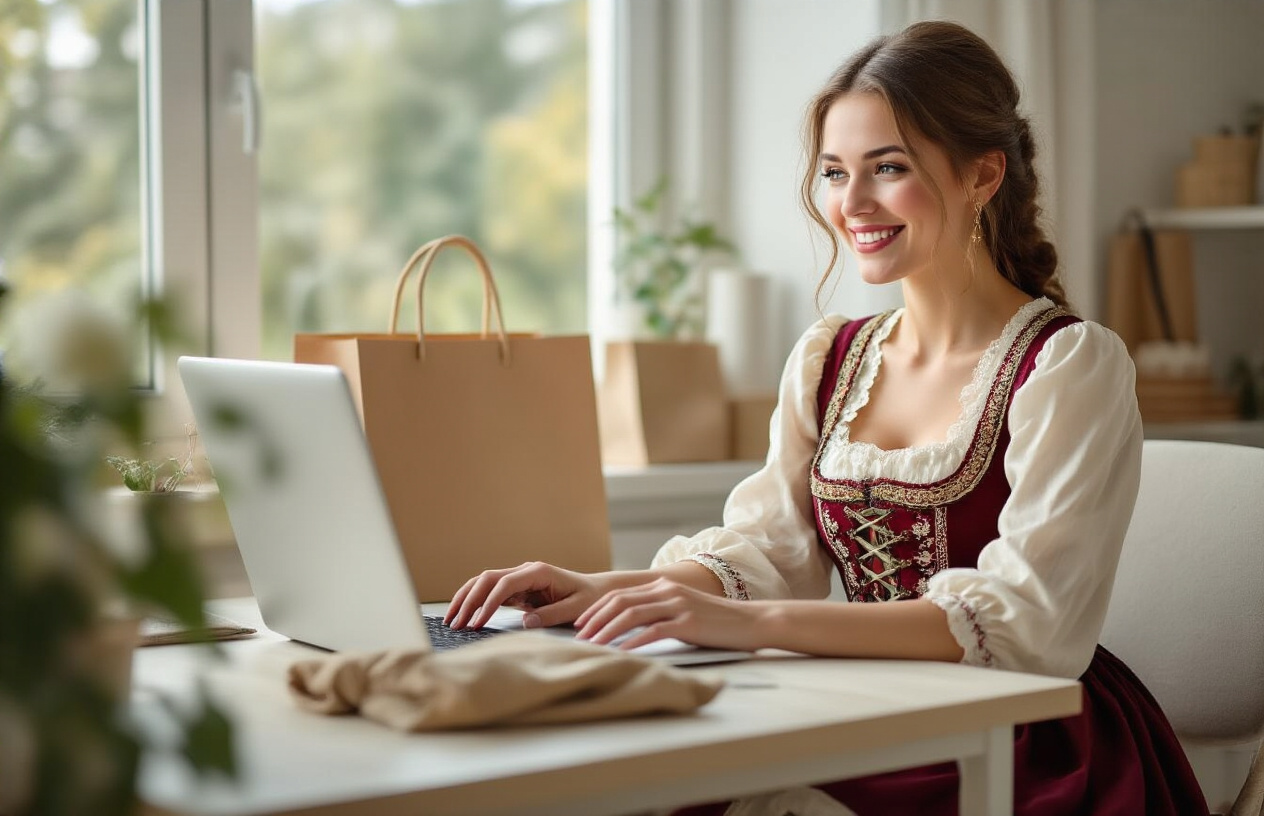 Create a realistic image of a satisfied white female customer sitting at a modern desk with a laptop open, wearing a beautiful traditional dirndl dress in rich burgundy and cream colors with intricate embroidery, smiling while looking at the screen, with a clean and bright home office background featuring soft natural lighting from a window, shopping bags nearby, and a cozy atmosphere that conveys successful online shopping satisfaction, absolutely NO text should be in the scene.