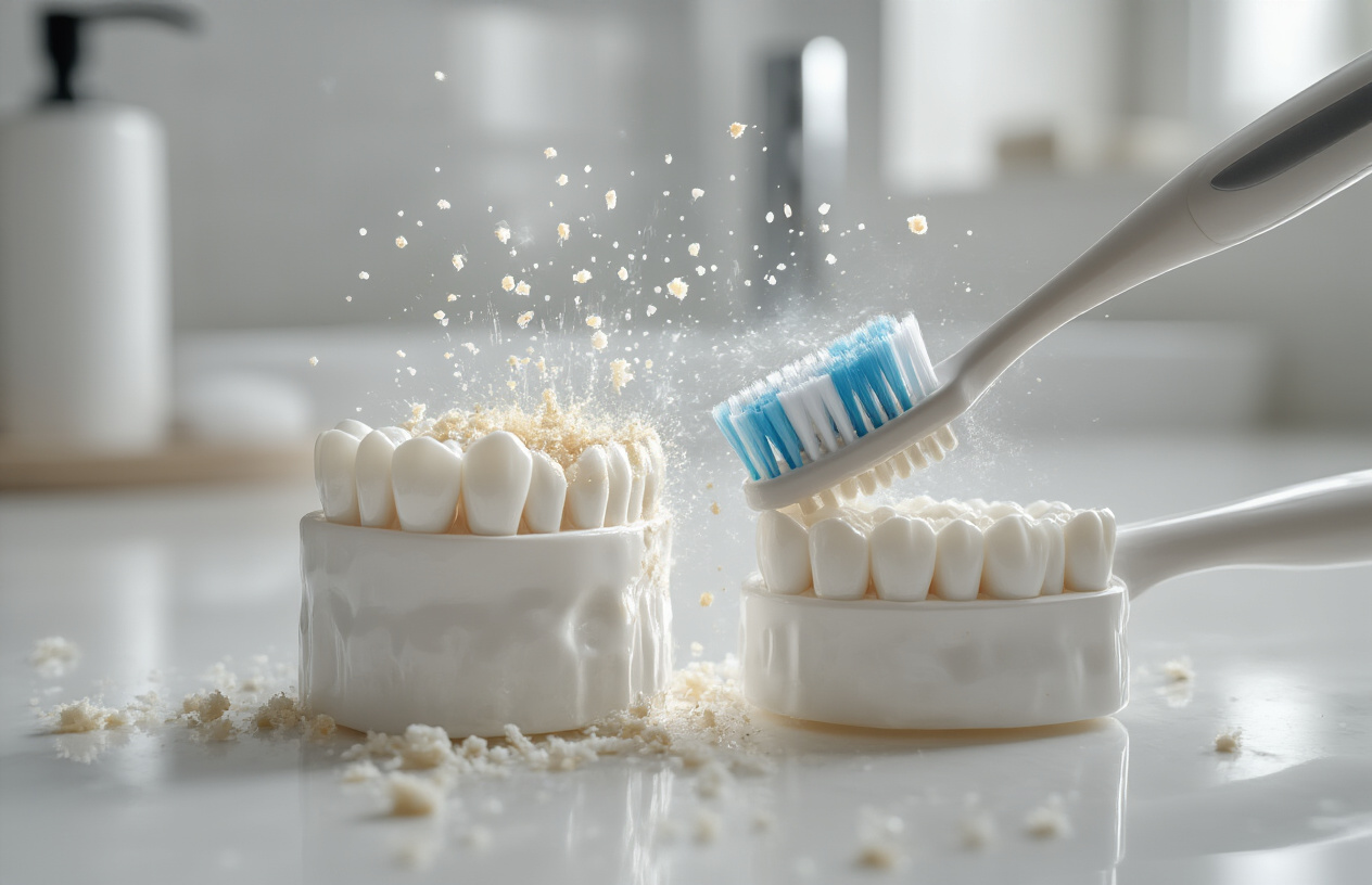 Create a realistic image of a close-up comparison showing an electric toothbrush and manual toothbrush side by side on a clean white bathroom counter, with visible plaque and bacteria particles being removed from white teeth models, demonstrating the superior cleaning action of the electric toothbrush with dynamic motion lines and debris being lifted away, bright bathroom lighting, clean and clinical atmosphere, absolutely NO text should be in the scene.