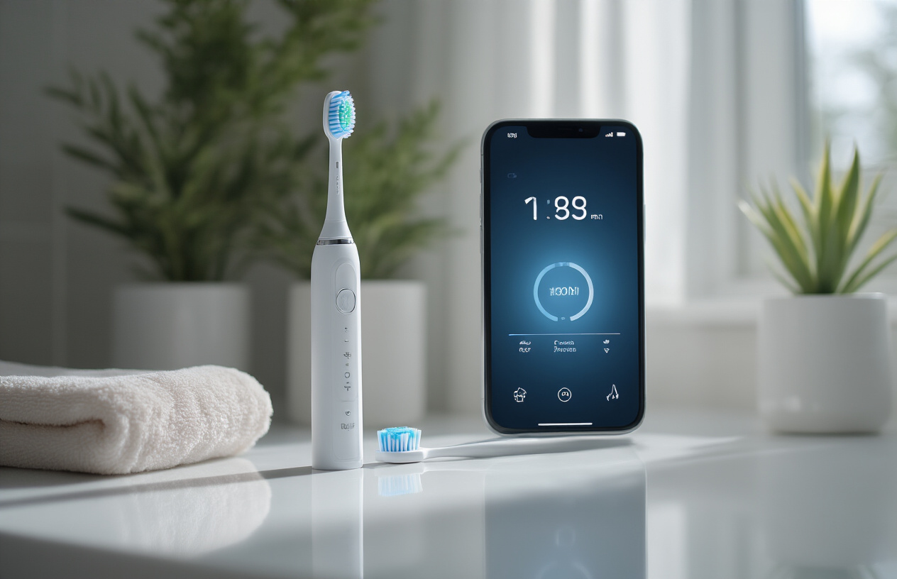 Create a realistic image of a modern electric toothbrush with visible LED timer lights and pressure sensor indicators on the handle, positioned on a clean white bathroom counter next to a smartphone displaying a brushing timer app, with soft natural lighting from a window creating gentle shadows, showing the technological features that help improve brushing technique, absolutely NO text should be in the scene.