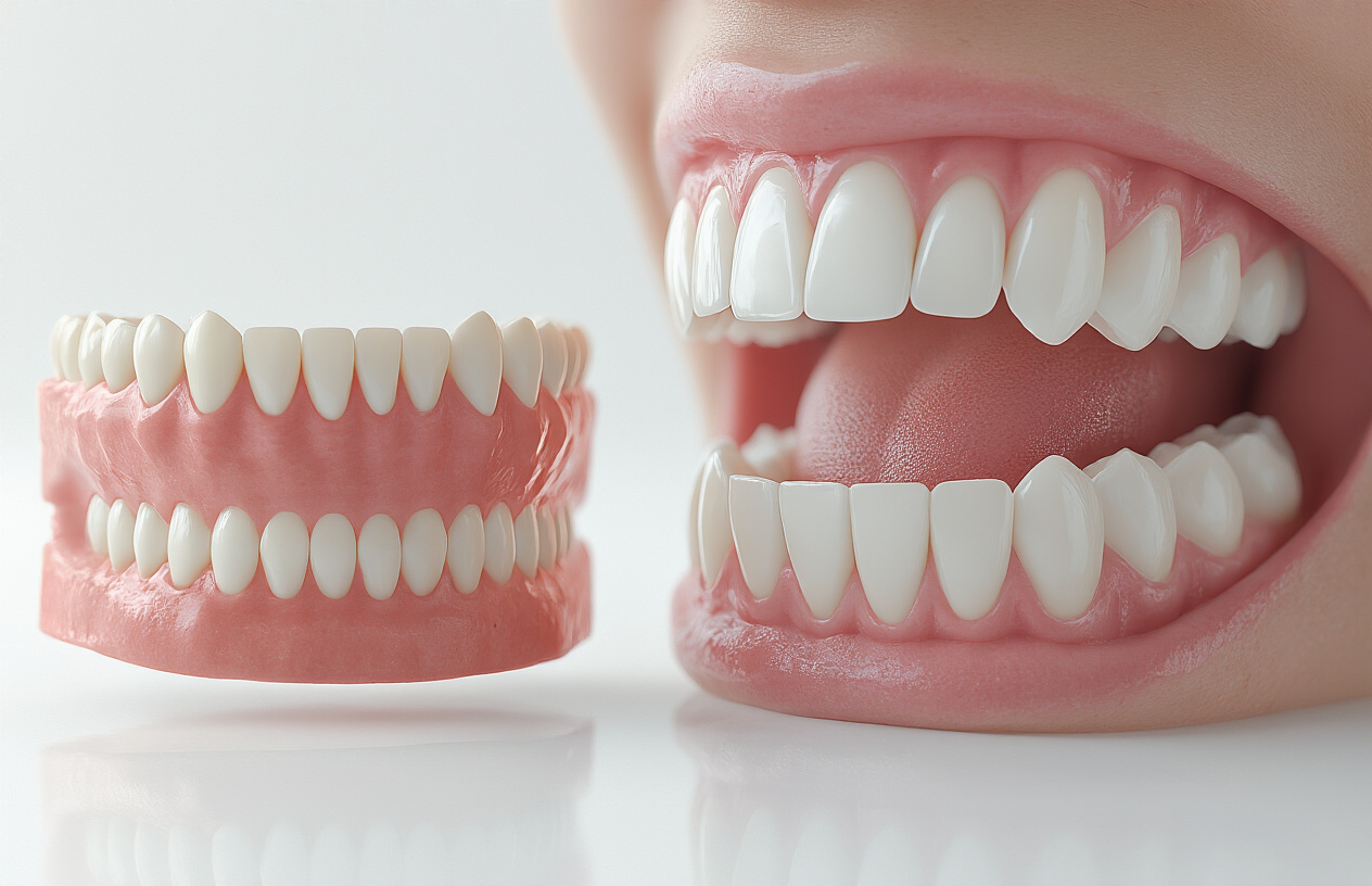 Create a realistic image of a close-up view of healthy, white teeth and pink gums in excellent condition, with a subtle before-and-after comparison showing improved oral health over time, set against a clean white background with soft, clinical lighting that emphasizes the pristine condition of the teeth and gums, conveying the long-term benefits of proper oral care. Absolutely NO text should be in the scene.