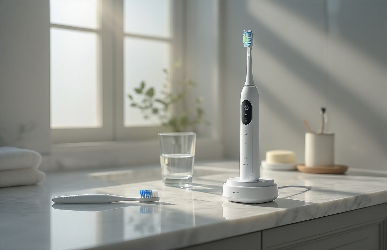 Create a realistic image of a modern bathroom countertop scene showing a sleek electric toothbrush standing upright in its charging base next to a traditional manual toothbrush, with the electric toothbrush featuring an ergonomic handle and digital display, soft morning lighting streaming through a window creating gentle shadows, clean white marble countertop with a few bathroom essentials like toothpaste and a glass of water, emphasizing the convenience and user-friendly design of the electric toothbrush through its organized charging station and modern appearance, absolutely NO text should be in the scene.