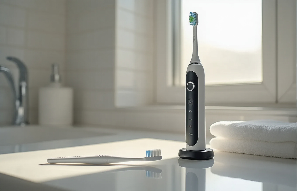 Create a realistic image of a modern electric toothbrush standing upright on a clean white bathroom countertop next to a traditional manual toothbrush, with the electric toothbrush appearing more prominent and sophisticated, soft natural lighting from a window creating gentle shadows, a minimalist bathroom setting with white tiles in the background, conveying a sense of modern dental hygiene advancement and technological superiority, absolutely NO text should be in the scene.