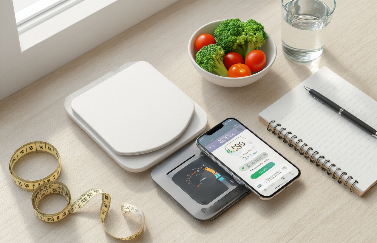 Create a realistic image of a clean, organized desk scene with a digital food scale, a smartphone displaying a calorie tracking app interface, a small bowl with fresh vegetables like broccoli and cherry tomatoes, a measuring tape, a glass of water, and a notebook with a pen beside it, all arranged on a light wooden surface with soft, natural lighting from a window, creating a motivational and health-focused atmosphere for meal planning and calorie counting, absolutely NO text should be in the scene.