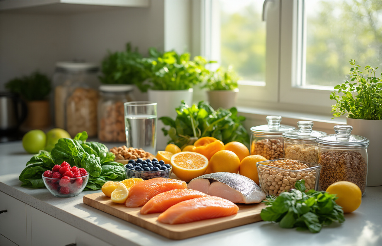 Create a realistic image of a clean, modern kitchen counter displaying an organized arrangement of fresh, colorful healthy foods including vibrant green leafy vegetables, lean proteins like grilled chicken breast and fish, fresh fruits such as berries and citrus, whole grains in glass containers, nuts and seeds, and a glass of water, with natural daylight streaming through a window creating bright, energetic lighting that emphasizes the freshness and nutritional value of the foods, absolutely NO text should be in the scene.