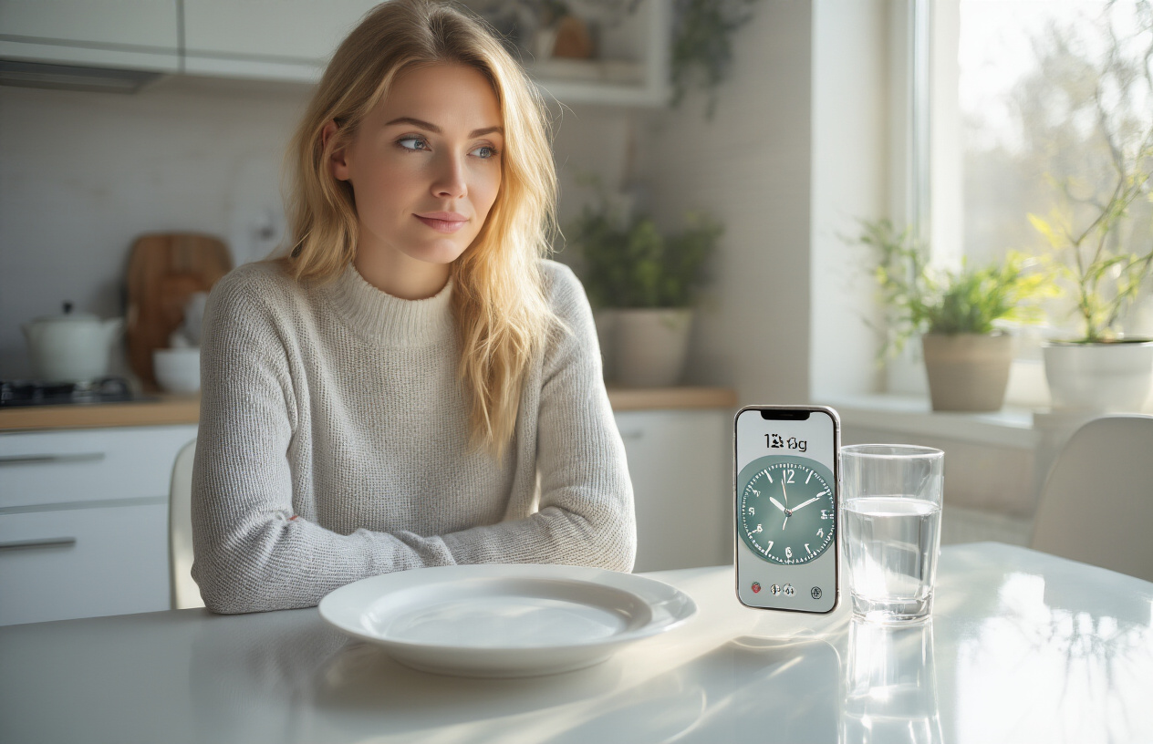 Create a realistic image of a white female in her 30s sitting at a modern kitchen table with a clock showing 12:00 PM, an empty plate in front of her, and a glass of water, with a smartphone displaying a fasting timer app beside the plate, natural daylight streaming through a window in the background creating a clean and motivational atmosphere, absolutely NO text should be in the scene.