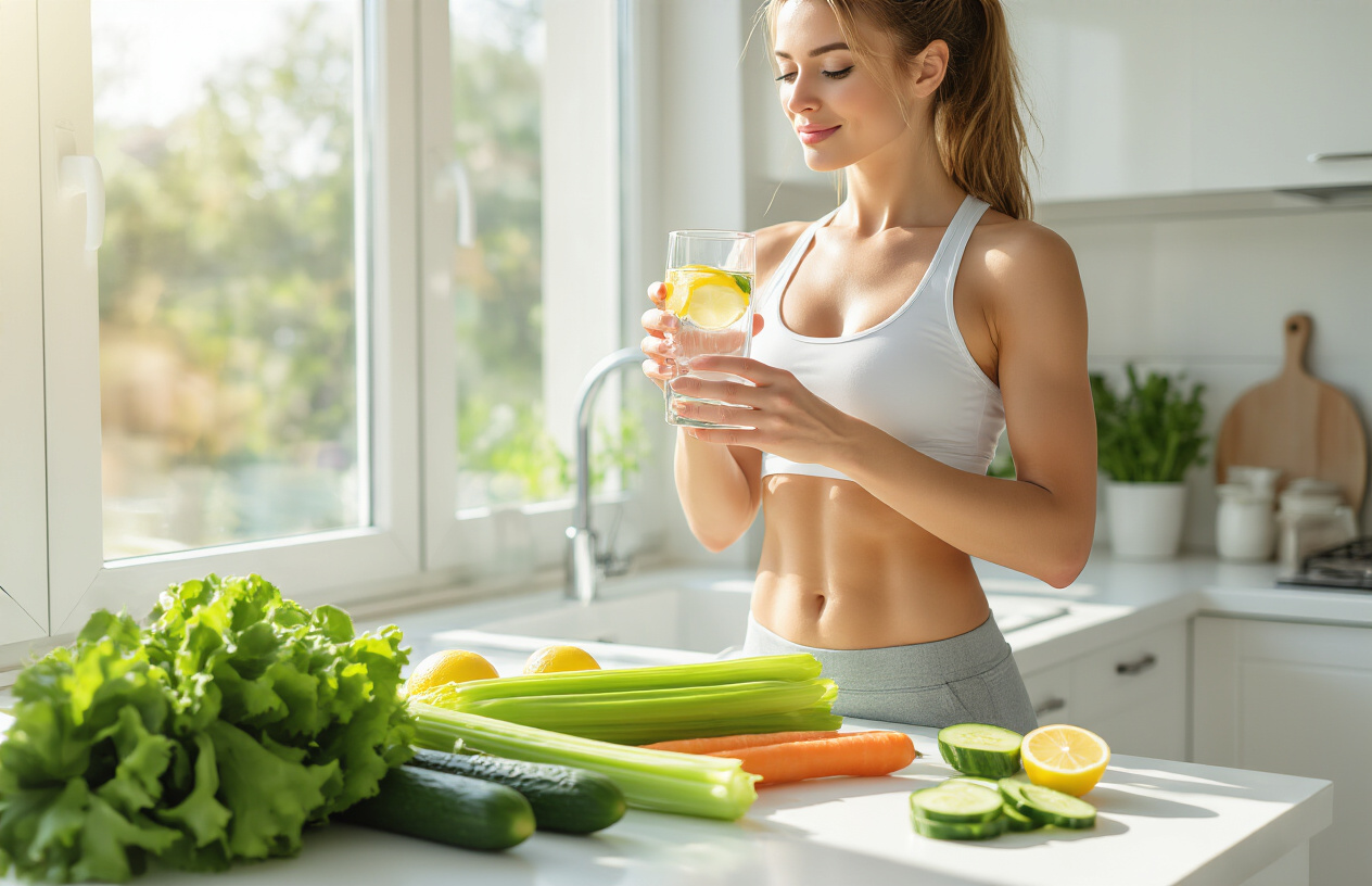 Create a realistic image of a fit white female standing in a bright modern kitchen, holding a glass of water with lemon slices, with fresh vegetables like cucumber, celery, and leafy greens arranged on a clean white countertop, natural sunlight streaming through a window creating a fresh and healthy atmosphere, absolutely NO text should be in the scene.
