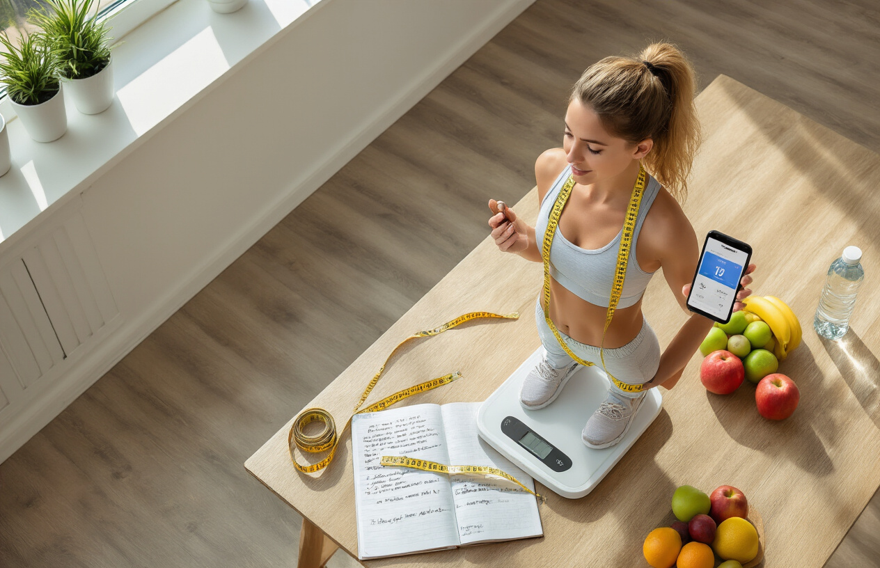 Create a realistic image of a white female in workout clothes standing on a digital scale, holding a smartphone displaying a fitness tracking app, with a measuring tape draped around her neck, surrounded by a journal with handwritten notes, a water bottle, and healthy fruits on a clean wooden table, bright natural lighting streaming through a window creating a motivational and organized atmosphere, absolutely NO text should be in the scene.