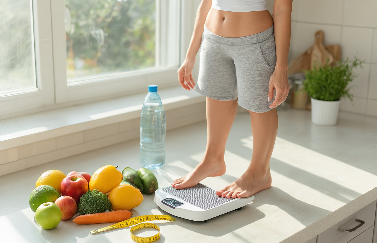 Create a realistic image of a healthy white female standing on a digital scale showing weight loss results, surrounded by fresh fruits, vegetables, a water bottle, and measuring tape on a clean kitchen counter, with natural morning sunlight streaming through a window creating a bright, motivational atmosphere that conveys success and healthy lifestyle transformation. Absolutely NO text should be in the scene.