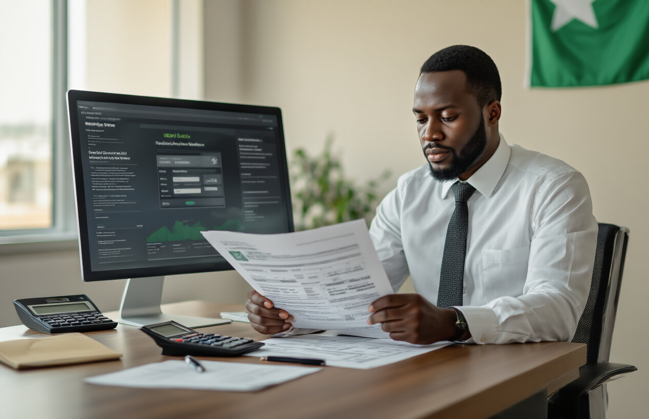 Create a realistic image of a black Nigerian male banking professional in business attire sitting at a modern office desk, examining official banking documents and forms related to Bank Verification Number processes, with a computer screen displaying banking interface in the background, set in a contemporary Nigerian bank office environment with warm professional lighting, Nigerian flag subtly visible on the wall, calculator and pen on desk, conveying trust and financial security, absolutely NO text should be in the scene.